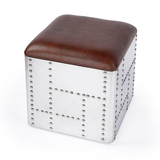 Butler Specialty Company Midway 18 in. W Square Wood and Metal Aviator Themed Leather Storage Ottoman, Medium Brown