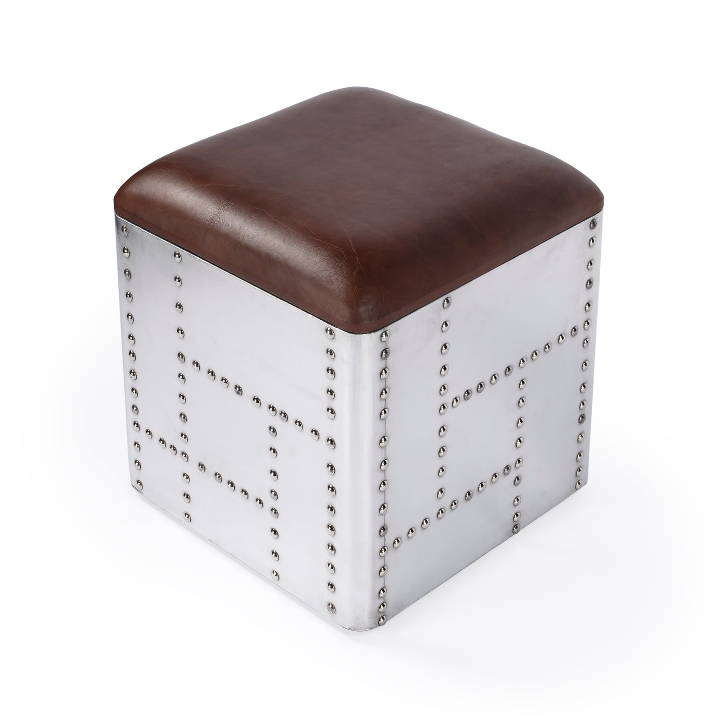 Butler Specialty Company Midway 18 in. W Square Wood and Metal Aviator Themed Leather Storage Ottoman, Medium Brown