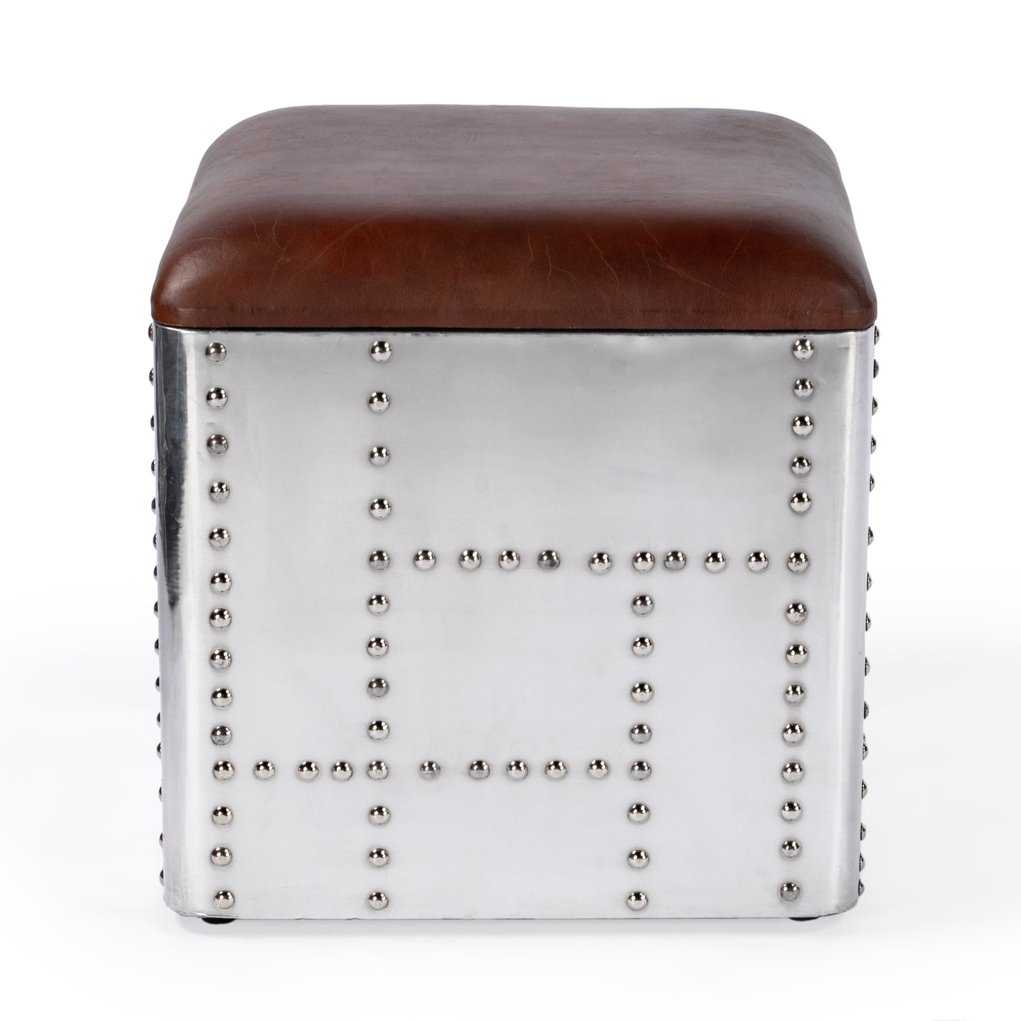 Butler Specialty Company Midway 18 in. W Square Wood and Metal Aviator Themed Leather Storage Ottoman, Medium Brown