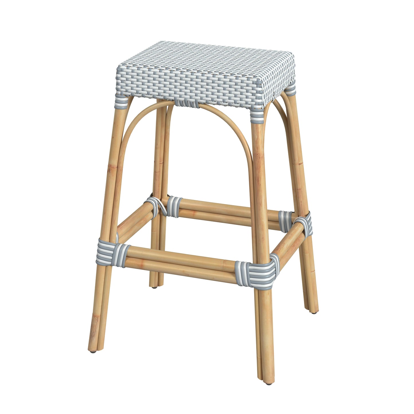 Butler Specialty Company Robias 30 in. Seat Height Rectangular Rattan Backless Bar Stool, White and Sky Blue Dot