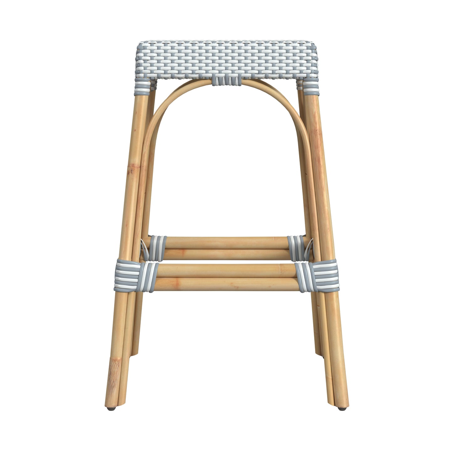 Butler Specialty Company Robias 30 in. Seat Height Rectangular Rattan Backless Bar Stool, White and Sky Blue Dot