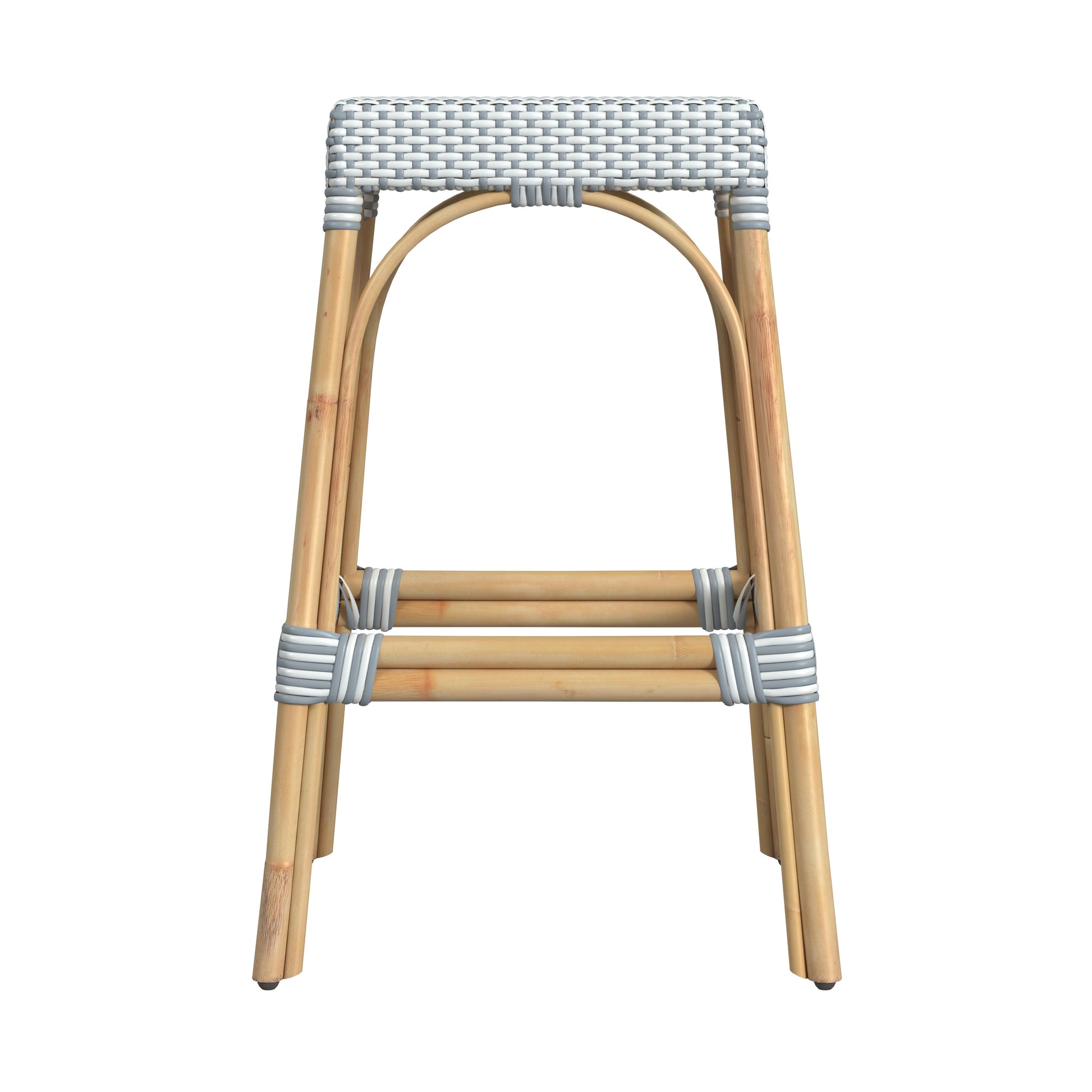 Butler Specialty Company Robias 30 in. Seat Height Rectangular Rattan Backless Bar Stool, White and Sky Blue Dot