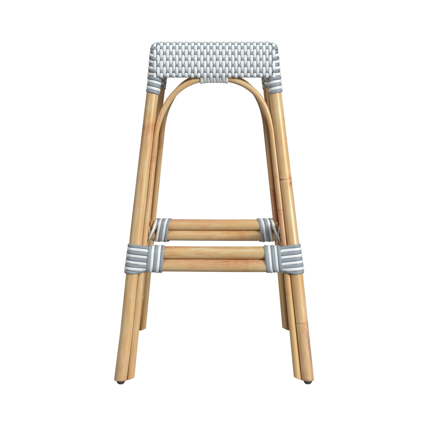 Butler Specialty Company Robias 30 in. Seat Height Rectangular Rattan Backless Bar Stool, White and Sky Blue Dot