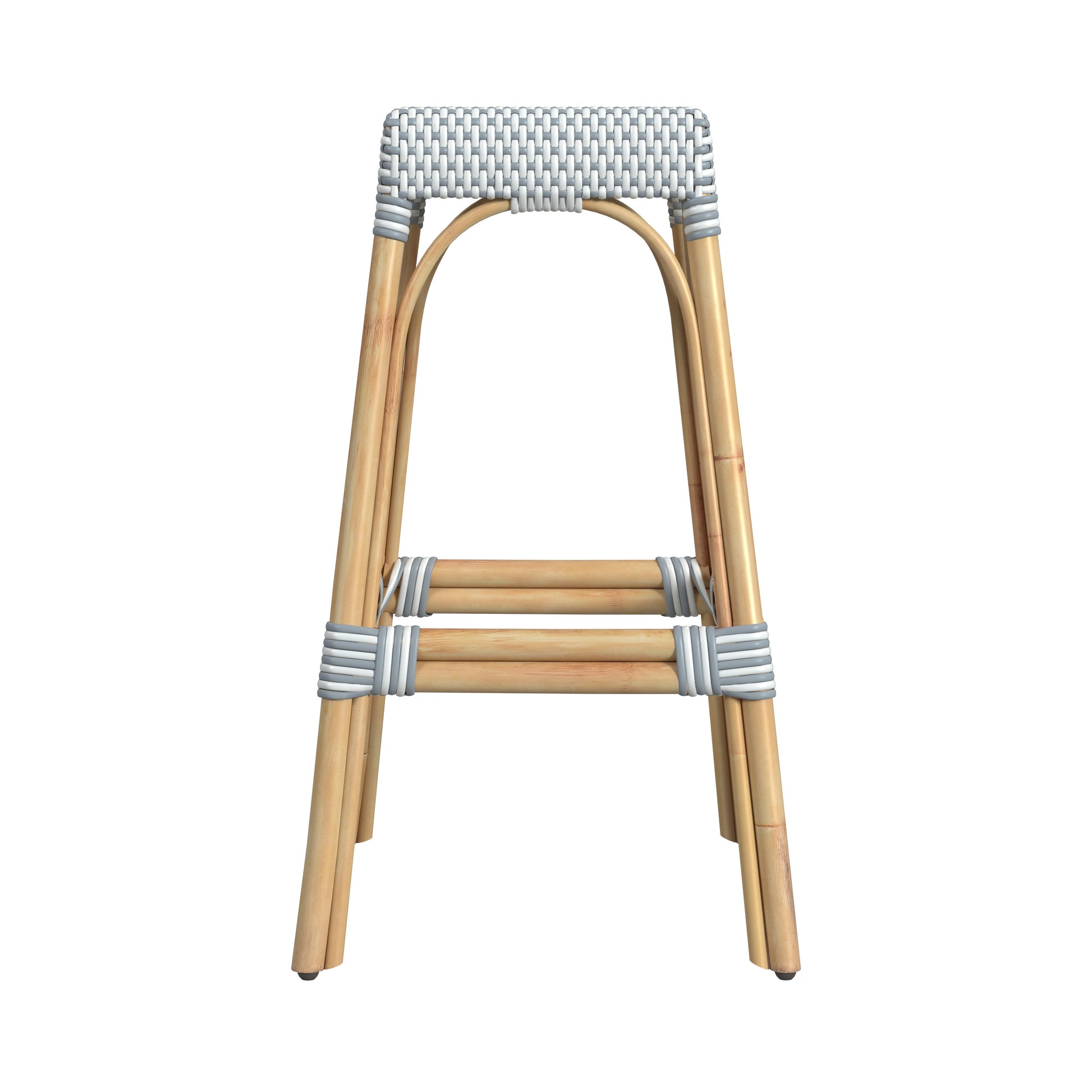 Butler Specialty Company Robias 30 in. Seat Height Rectangular Rattan Backless Bar Stool, White and Sky Blue Dot