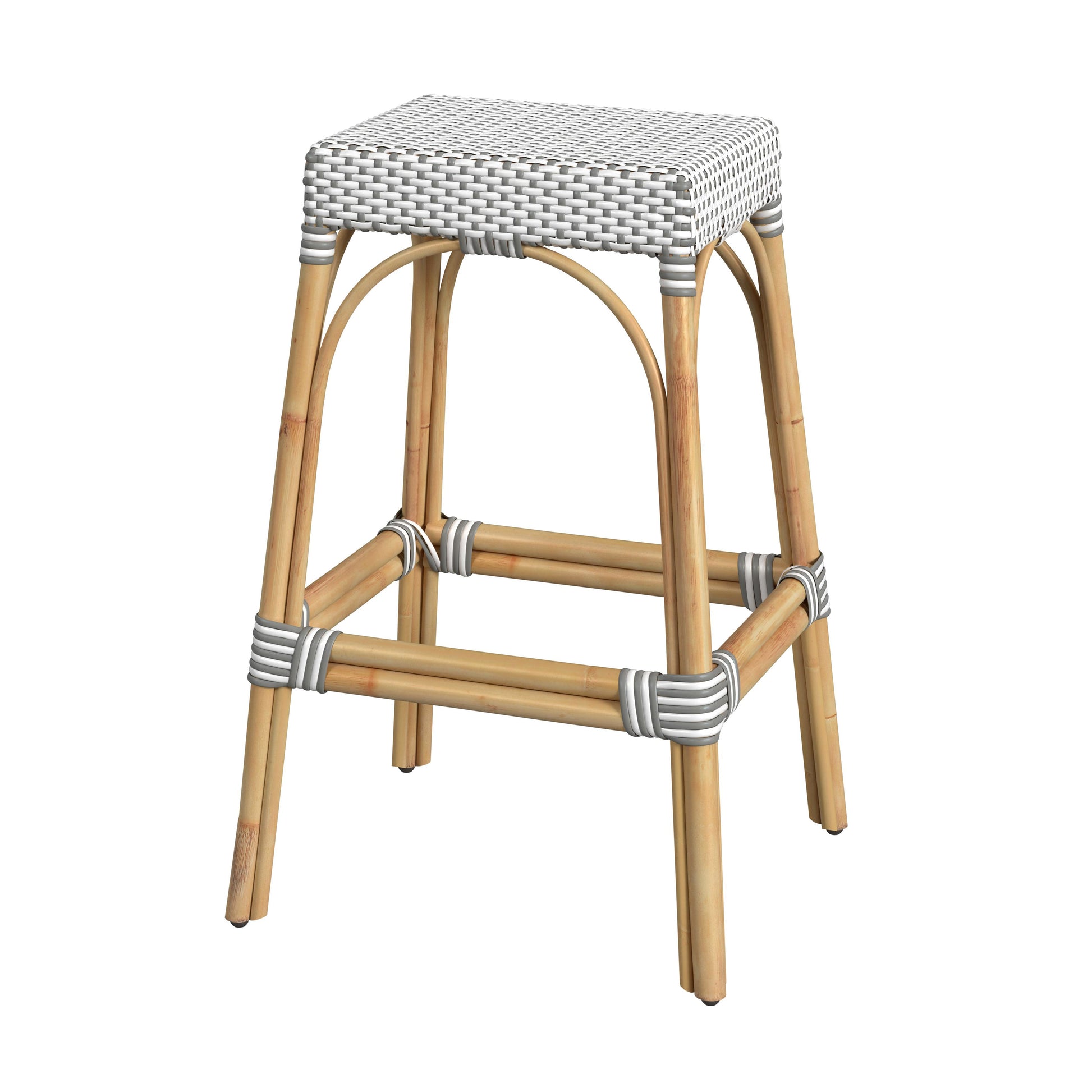 Butler Specialty Company Robias 30 in. Seat Height Rectangular Rattan Backless Bar Stool, Gray and White Dot