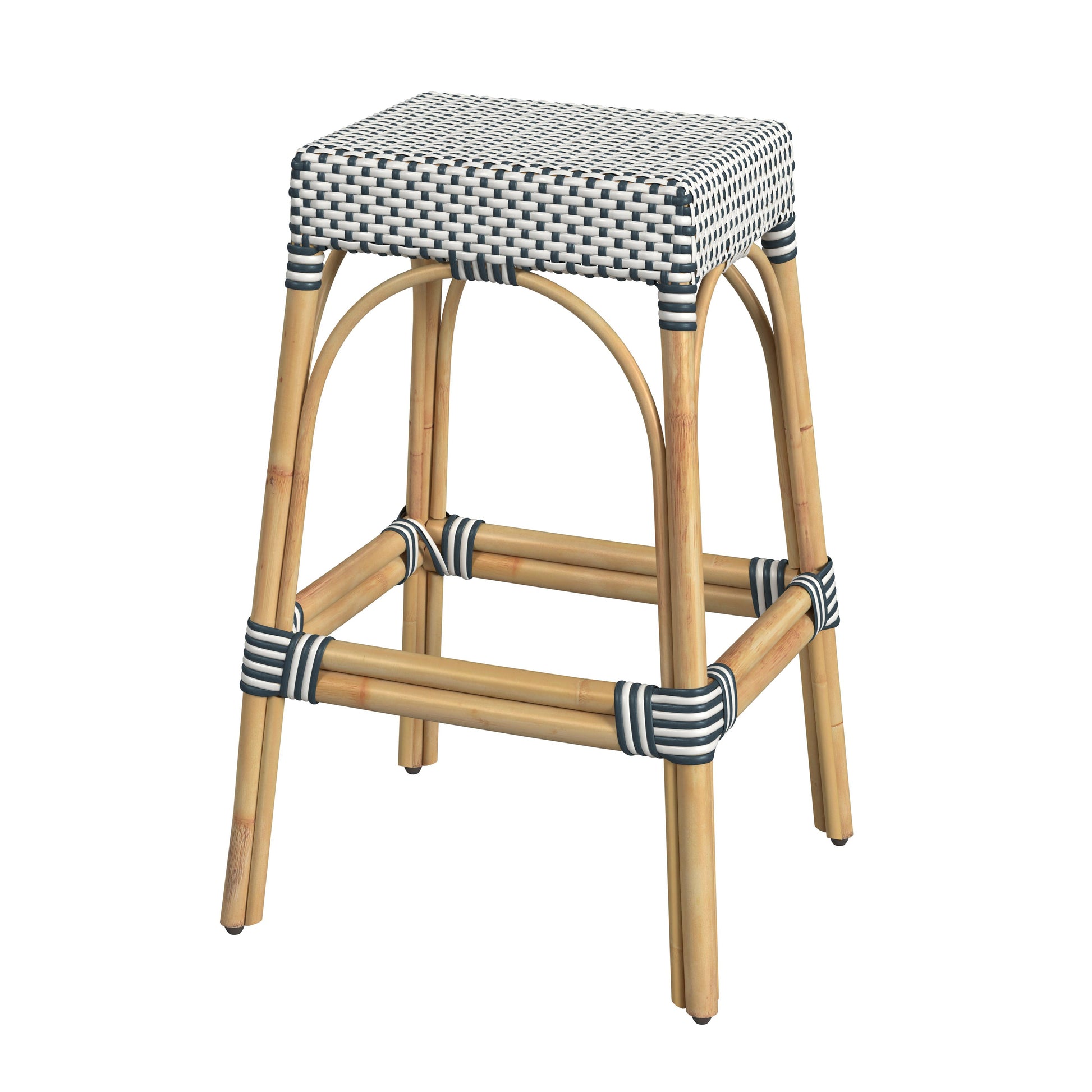 Butler Specialty Company Robias 30 in. Seat Height Rectangular Rattan Backless Bar Stool, White and Navy Stripe