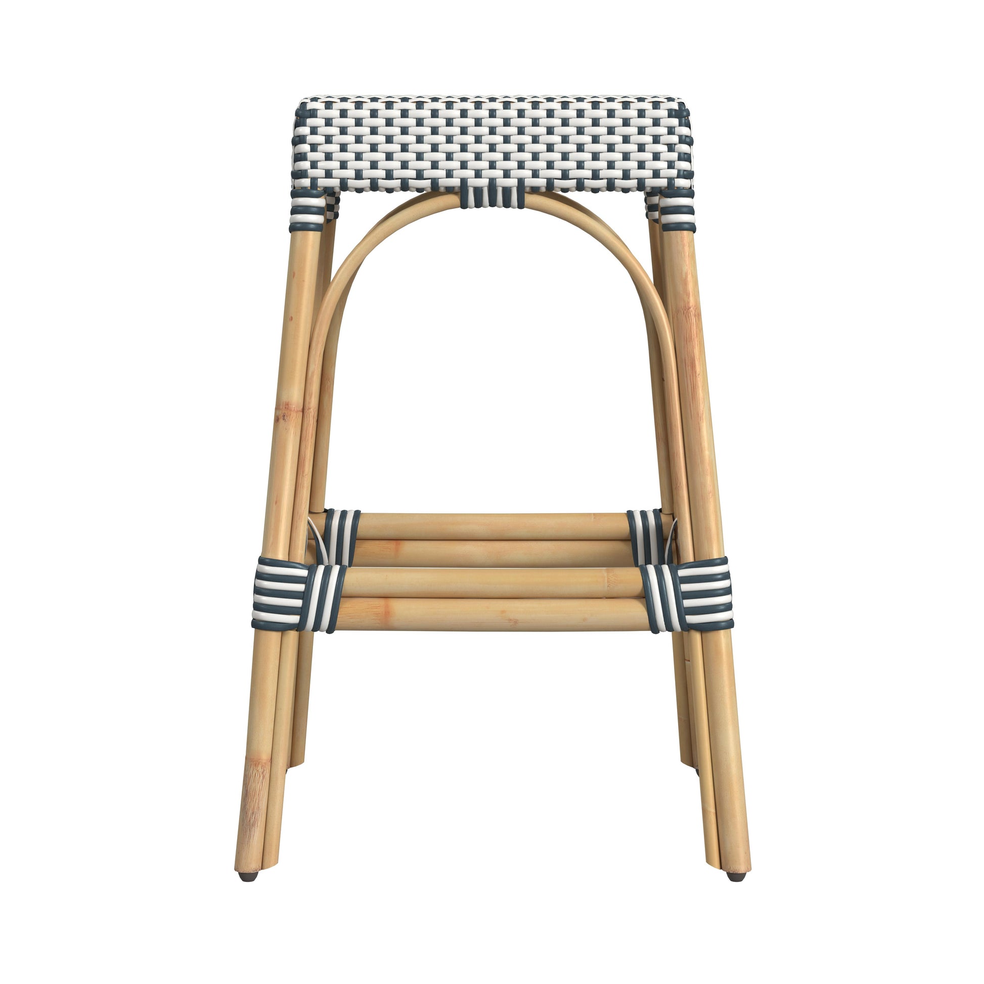 Butler Specialty Company Robias 30 in. Seat Height Rectangular Rattan Backless Bar Stool, White and Navy Stripe