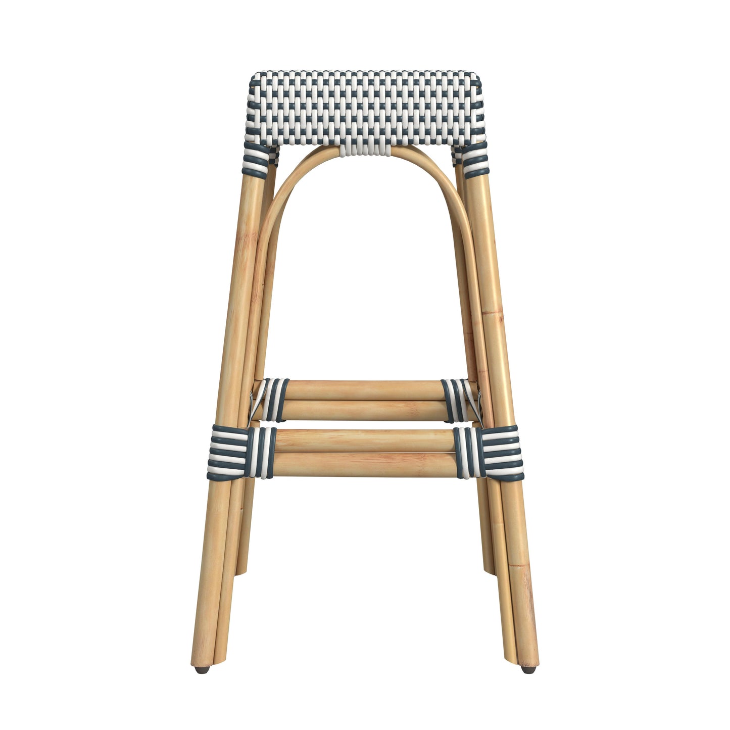 Butler Specialty Company Robias 30 in. Seat Height Rectangular Rattan Backless Bar Stool, White and Navy Stripe