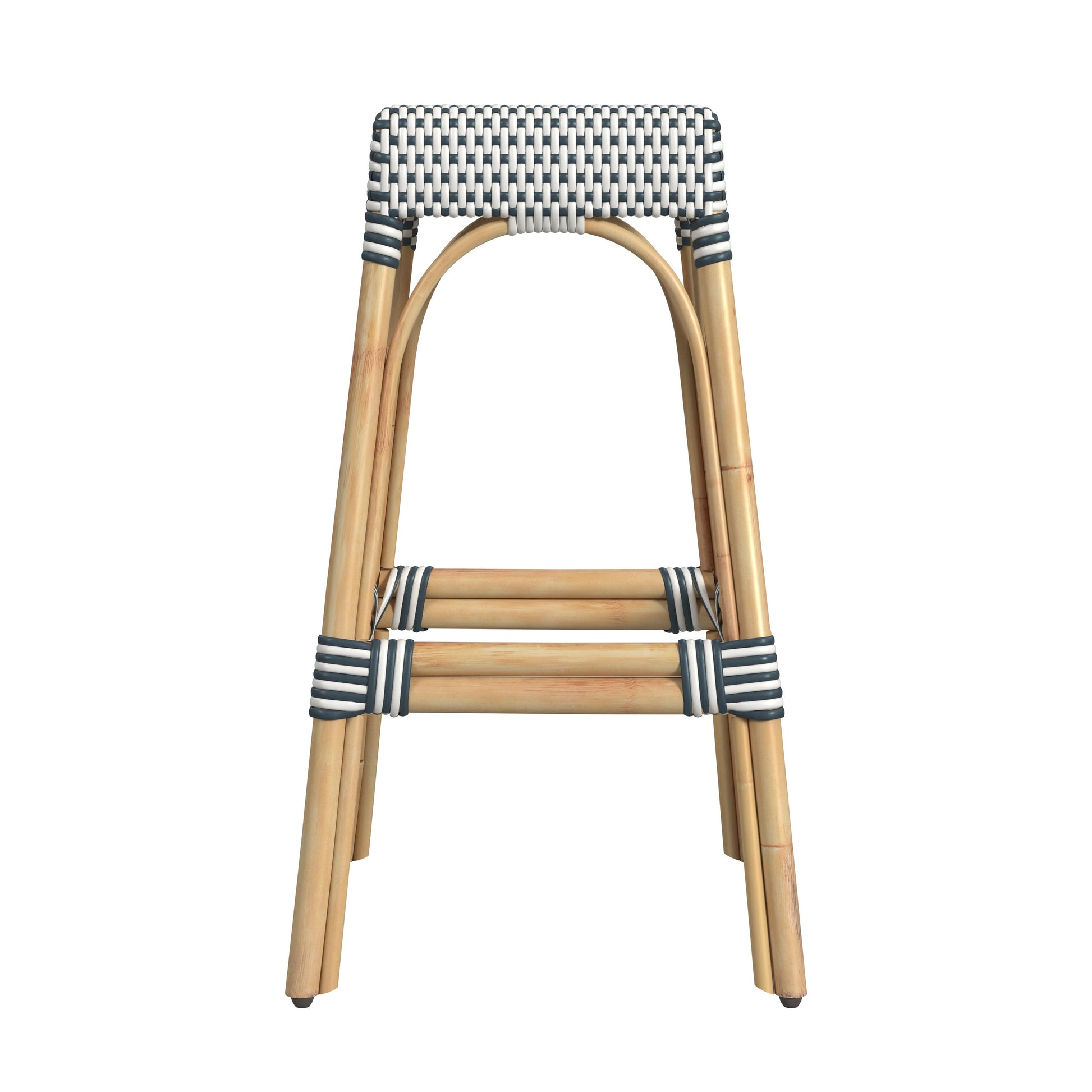 Butler Specialty Company Robias 30 in. Seat Height Rectangular Rattan Backless Bar Stool, White and Navy Stripe