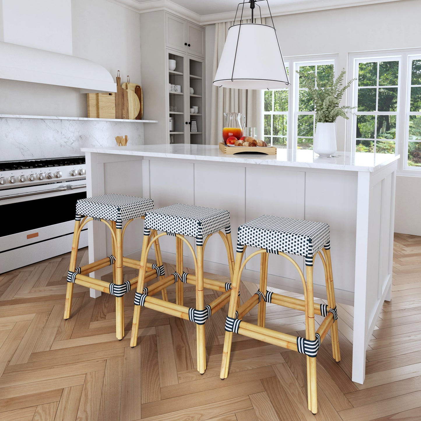 Butler Specialty Company Robias 30 in. Seat Height Rectangular Rattan Backless Bar Stool, White and Navy Stripe
