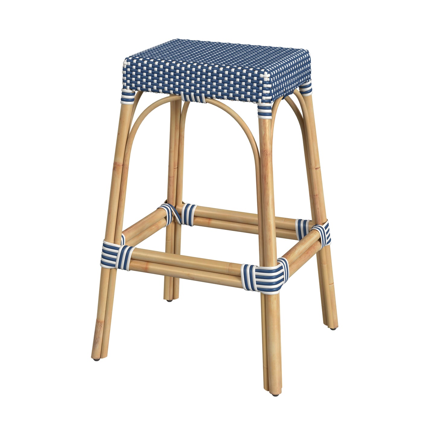 Butler Specialty Company Robias 30 in. Seat Height Rectangular Rattan Backless Bar Stool, Blue and White Dot