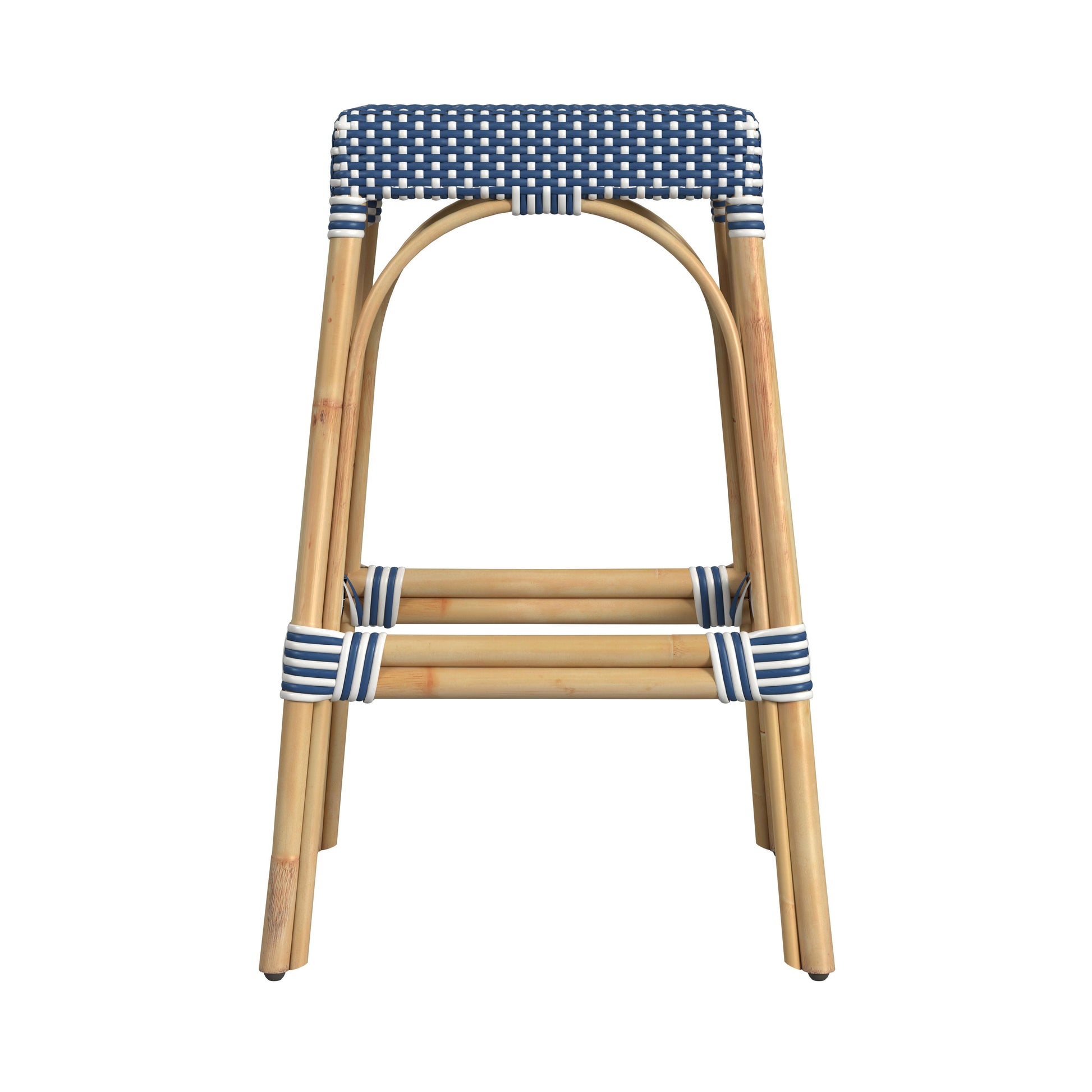 Butler Specialty Company Robias 30 in. Seat Height Rectangular Rattan Backless Bar Stool, Blue and White Dot