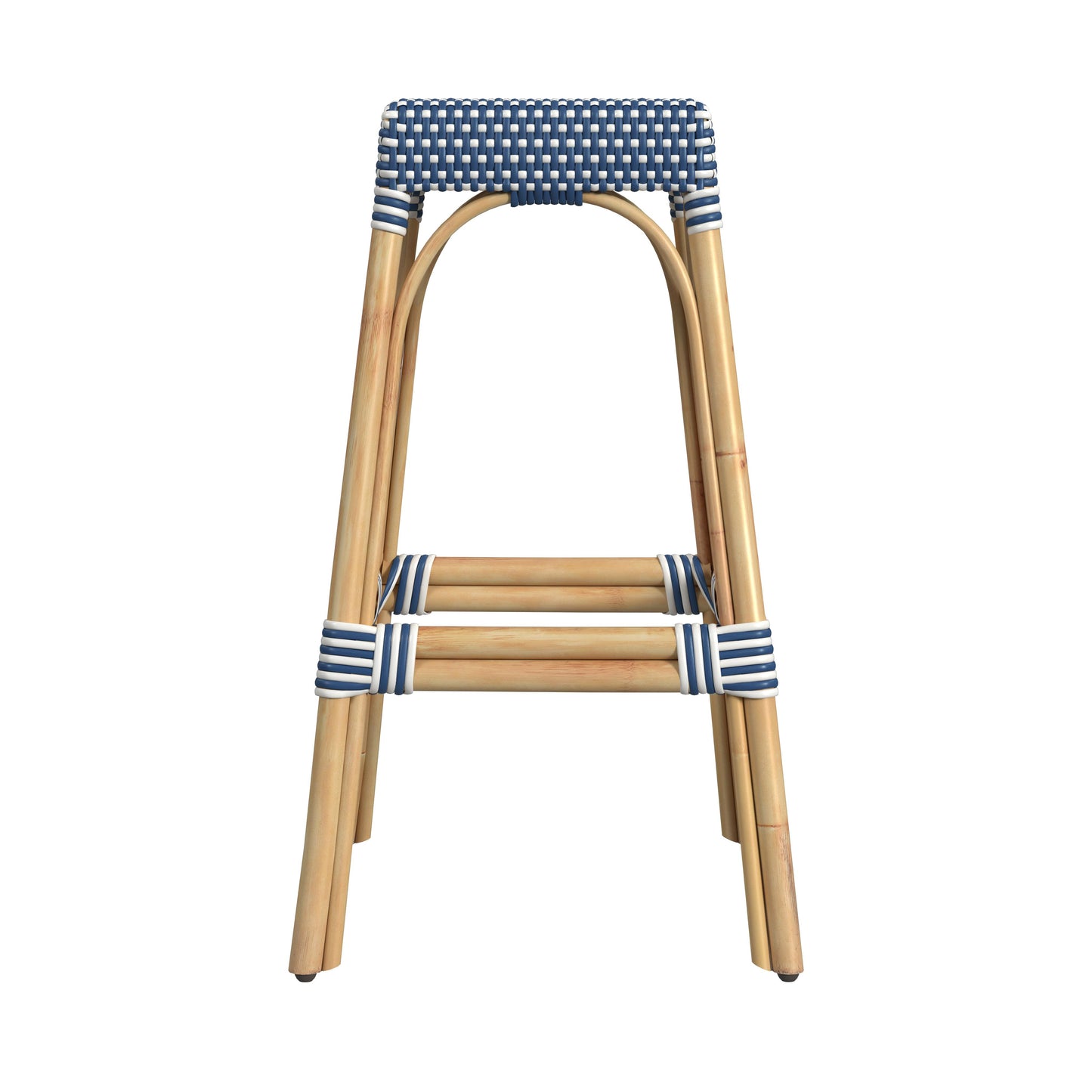 Butler Specialty Company Robias 30 in. Seat Height Rectangular Rattan Backless Bar Stool, Blue and White Dot