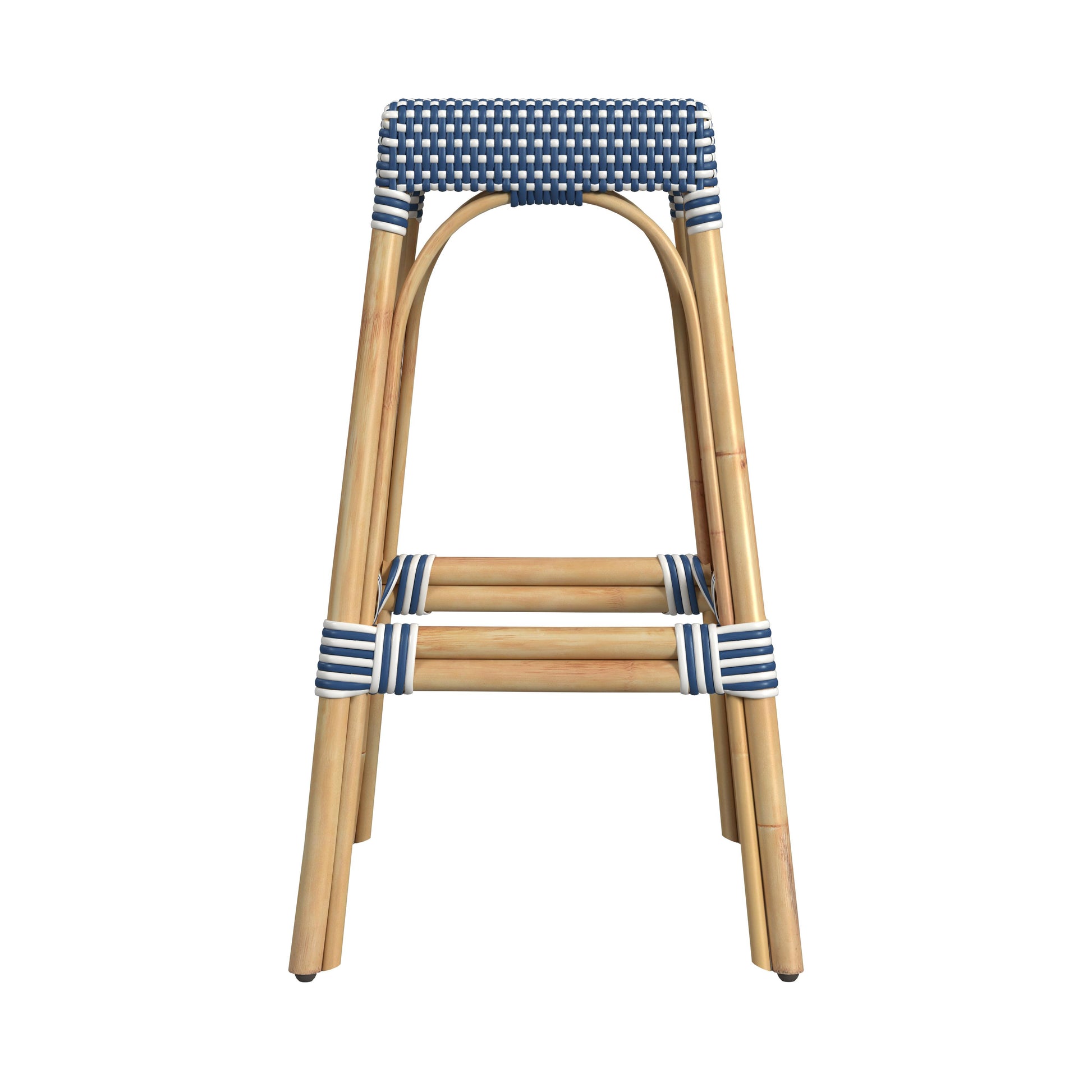 Butler Specialty Company Robias 30 in. Seat Height Rectangular Rattan Backless Bar Stool, Blue and White Dot