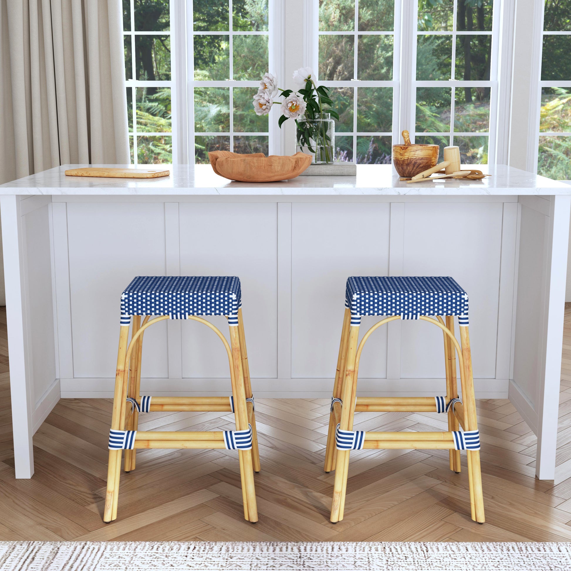Butler Specialty Company Robias 30 in. Seat Height Rectangular Rattan Backless Bar Stool, Blue and White Dot