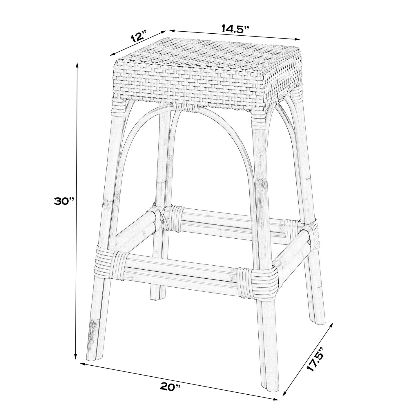 Butler Specialty Company Robias 30 in. Seat Height Rectangular Rattan Backless Bar Stool, Blue and White Dot