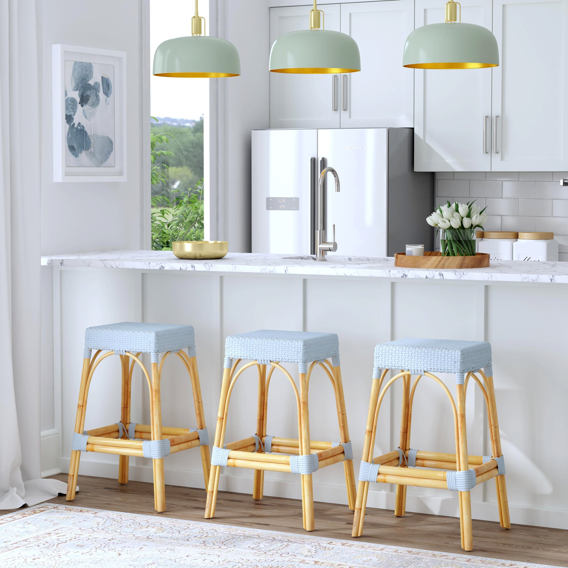 Butler Specialty Company Robias 30 in. Seat Height Rectangular Rattan Backless Bar Stool, Baby Blue