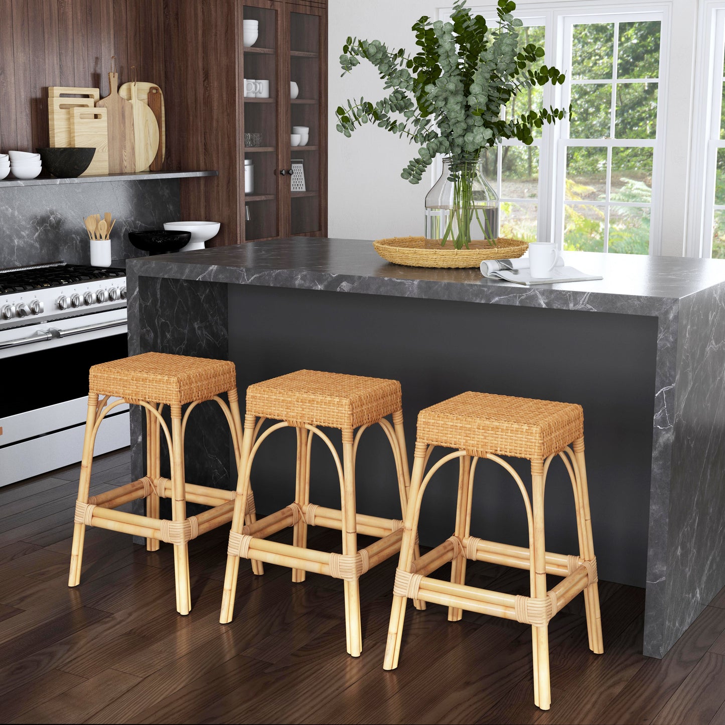 Butler Specialty Company Robias 30 in. Seat Height Rectangular Rattan Backless Bar Stool, Natural