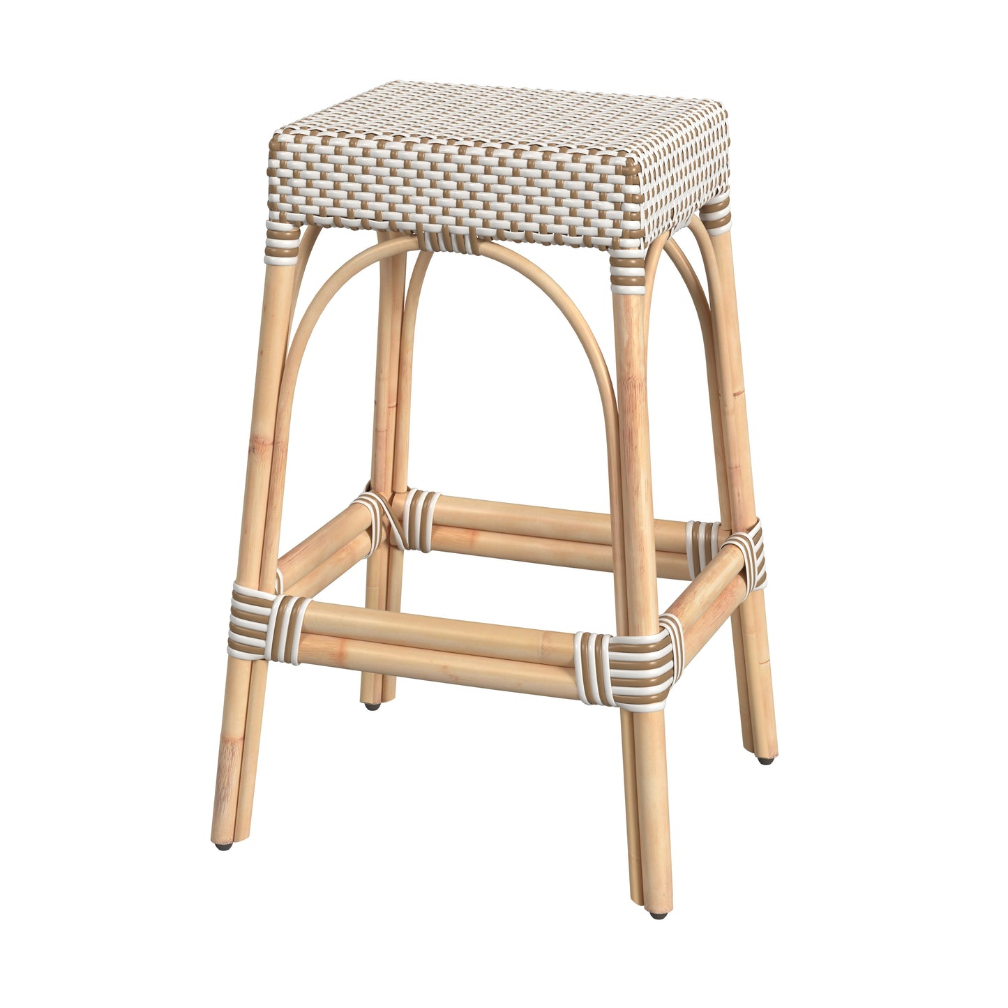 Butler Specialty Company Robias 30 in. Seat Height Rectangular Rattan Backless Bar Stool, White and Tan Dot