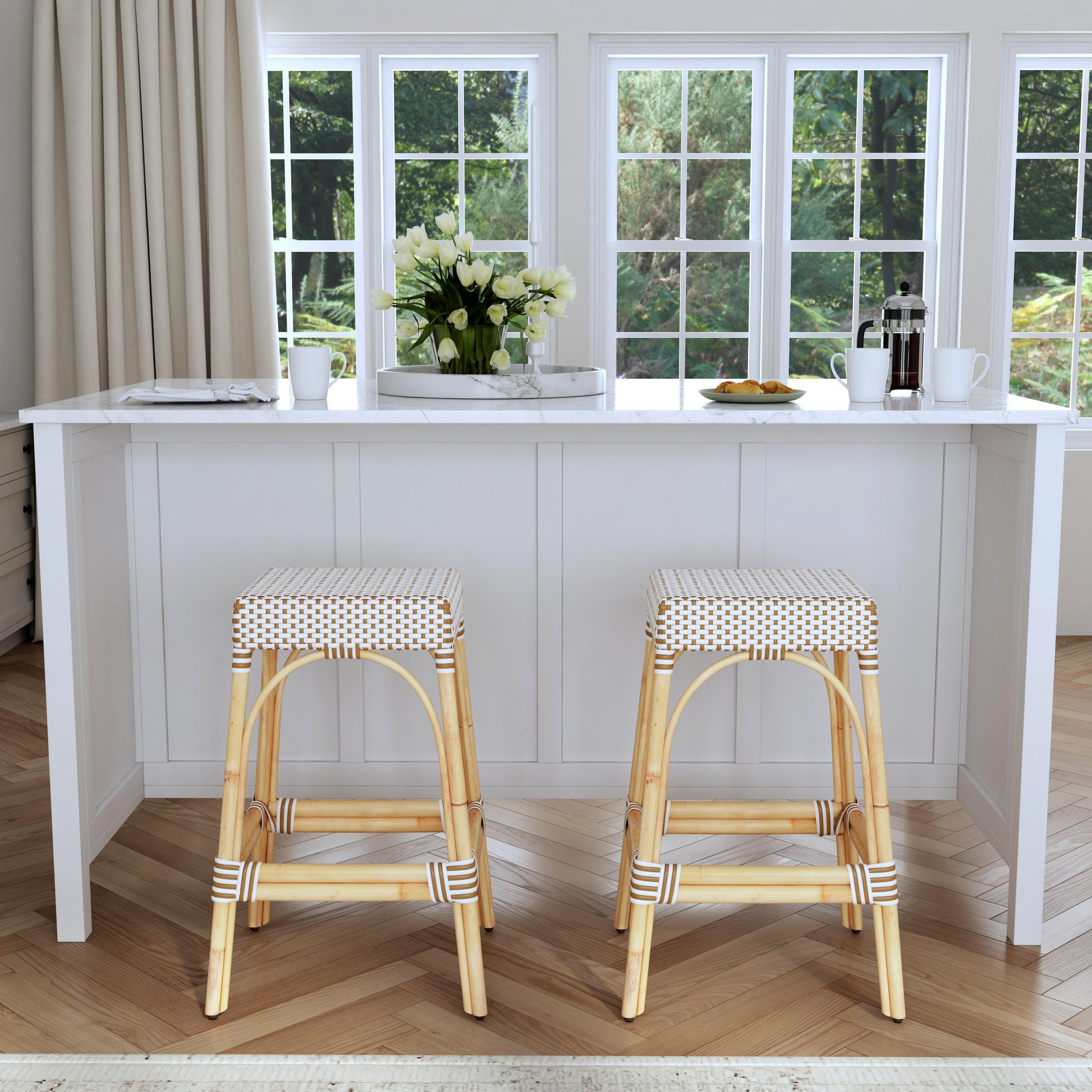 Butler Specialty Company Robias 30 in. Seat Height Rectangular Rattan Backless Bar Stool, White and Tan Dot