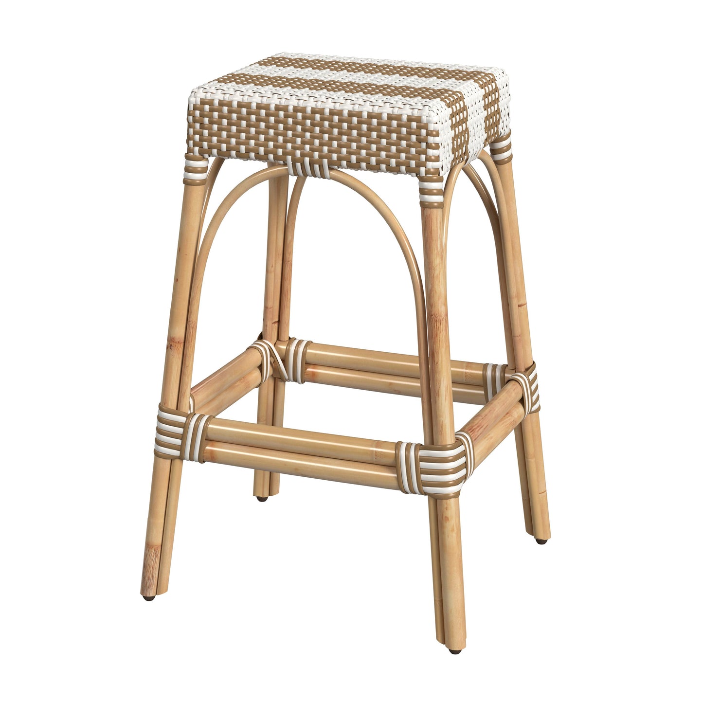 Butler Specialty Company Robias 30 in. Seat Height Rectangular Rattan Backless Bar Stool, Tan and White Stripe