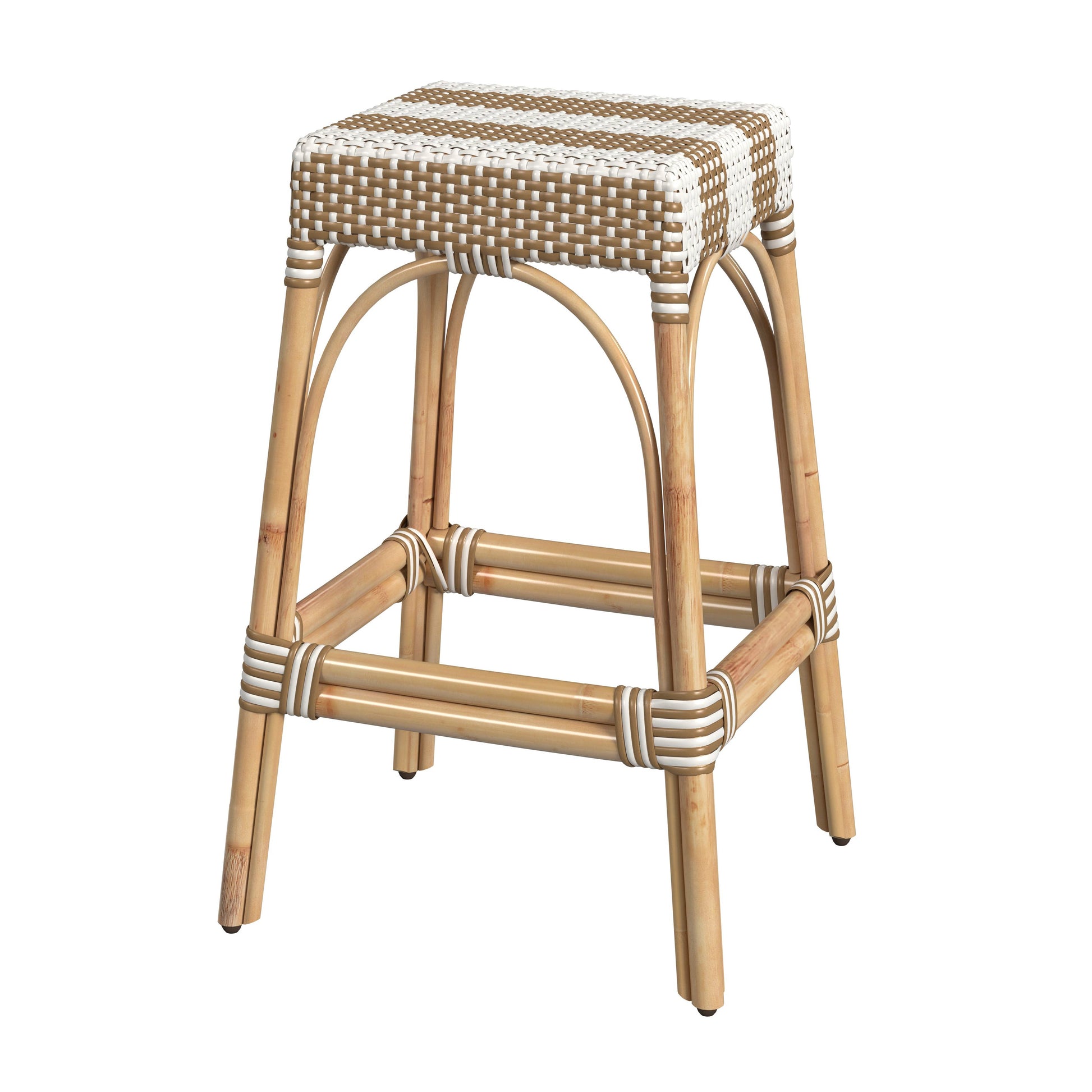 Butler Specialty Company Robias 30 in. Seat Height Rectangular Rattan Backless Bar Stool, Tan and White Stripe