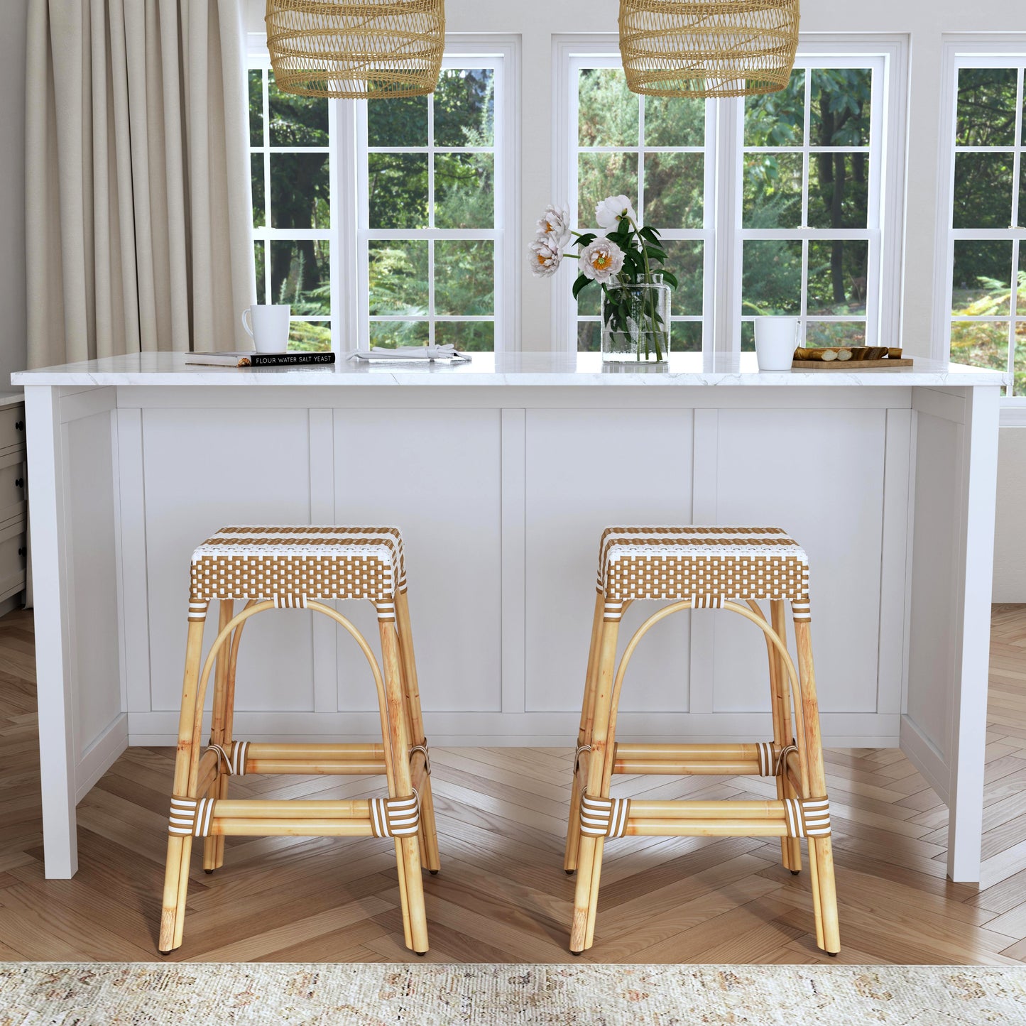 Butler Specialty Company Robias 30 in. Seat Height Rectangular Rattan Backless Bar Stool, Tan and White Stripe