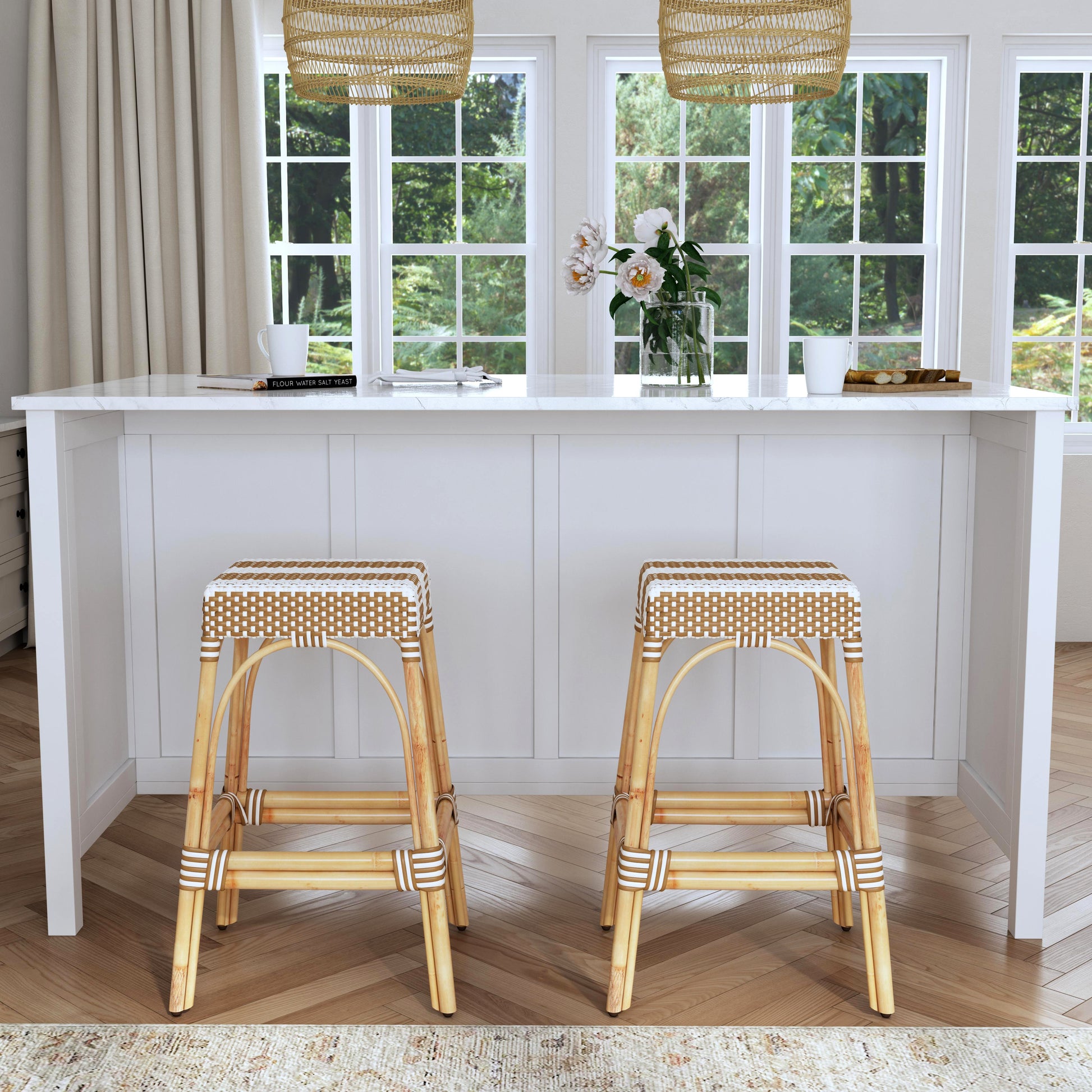 Butler Specialty Company Robias 30 in. Seat Height Rectangular Rattan Backless Bar Stool, Tan and White Stripe