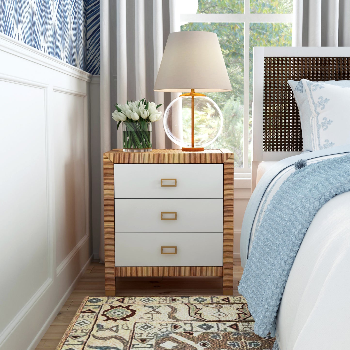 Butler Specialty Company Corfu 25 in. W Rectangular Rattan 3 Drawer Nightstand, Natural and White