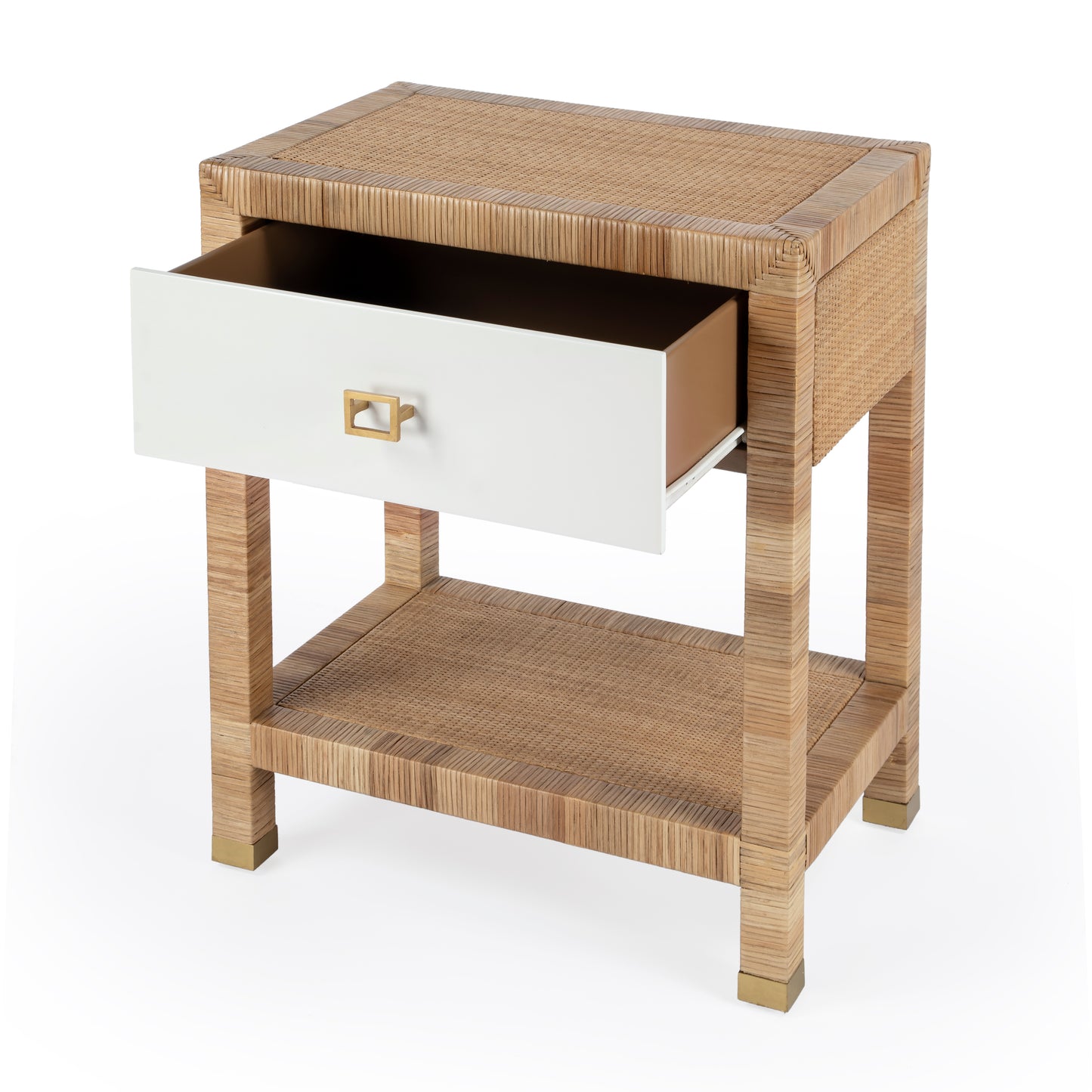 Butler Specialty Company Corfu 24 in. W Rectangular Rattan 1 Drawer Nightstand with Lower Open Shelf, Natural and White