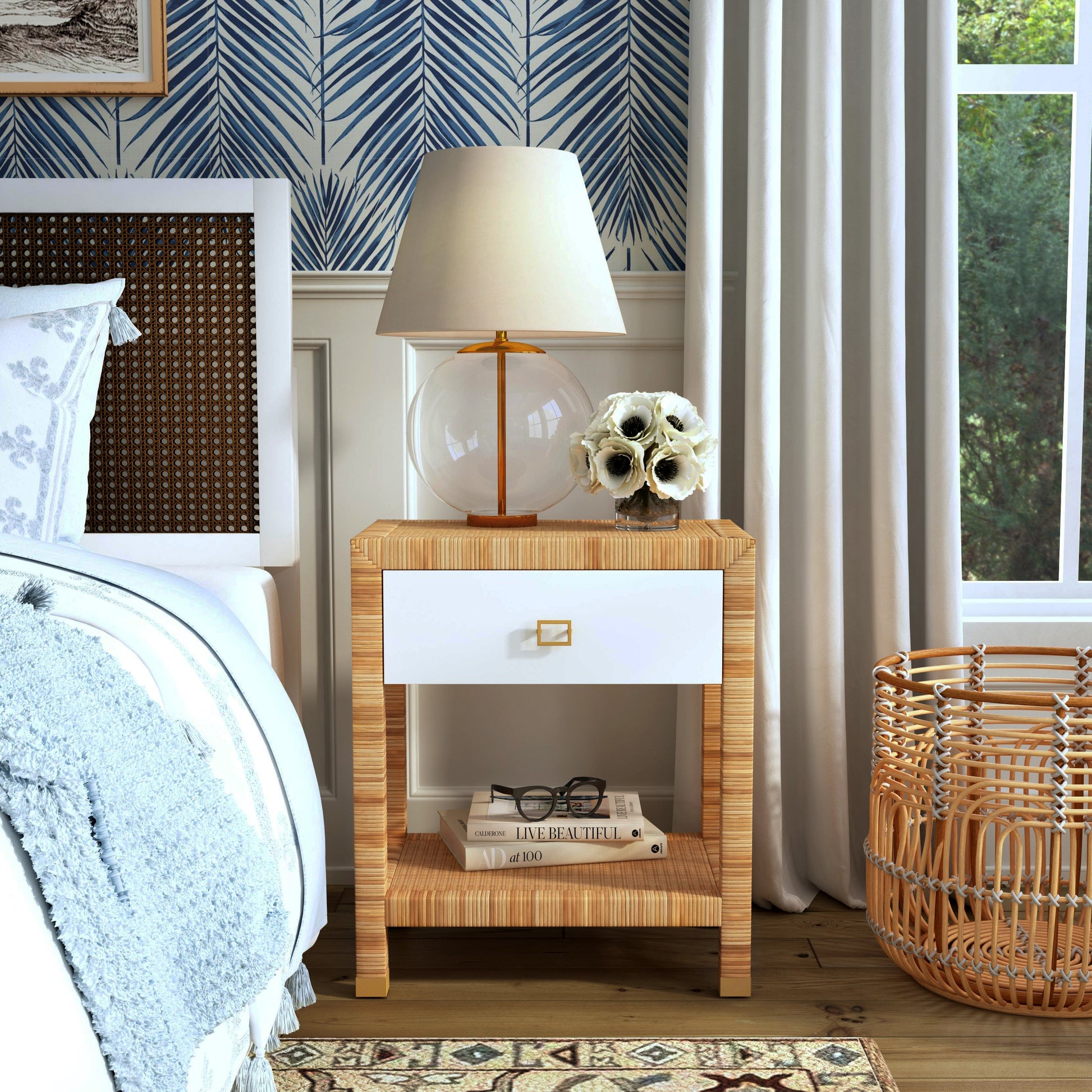 Butler Specialty Company Corfu 24 in. W Rectangular Rattan 1 Drawer Nightstand with Lower Open Shelf, Natural and White