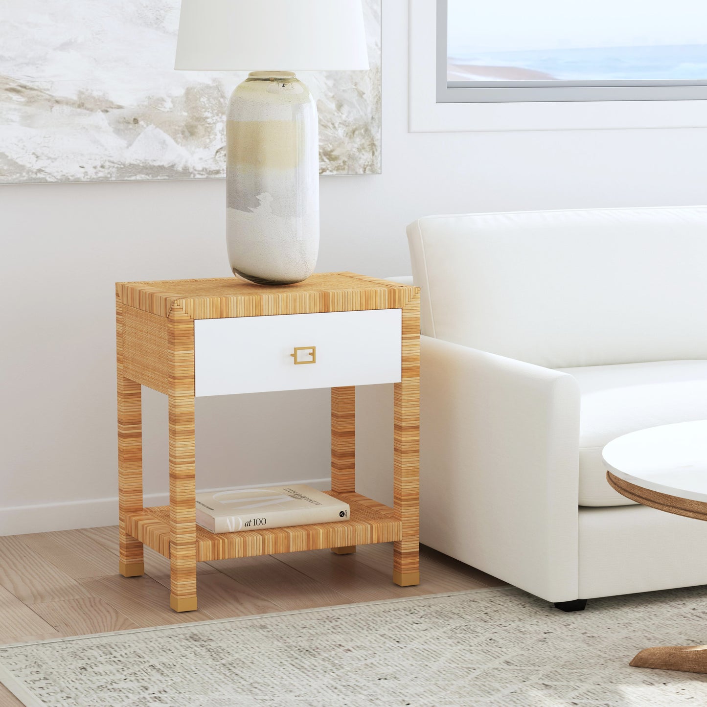 Butler Specialty Company Corfu 24 in. W Rectangular Rattan 1 Drawer Nightstand with Lower Open Shelf, Natural and White
