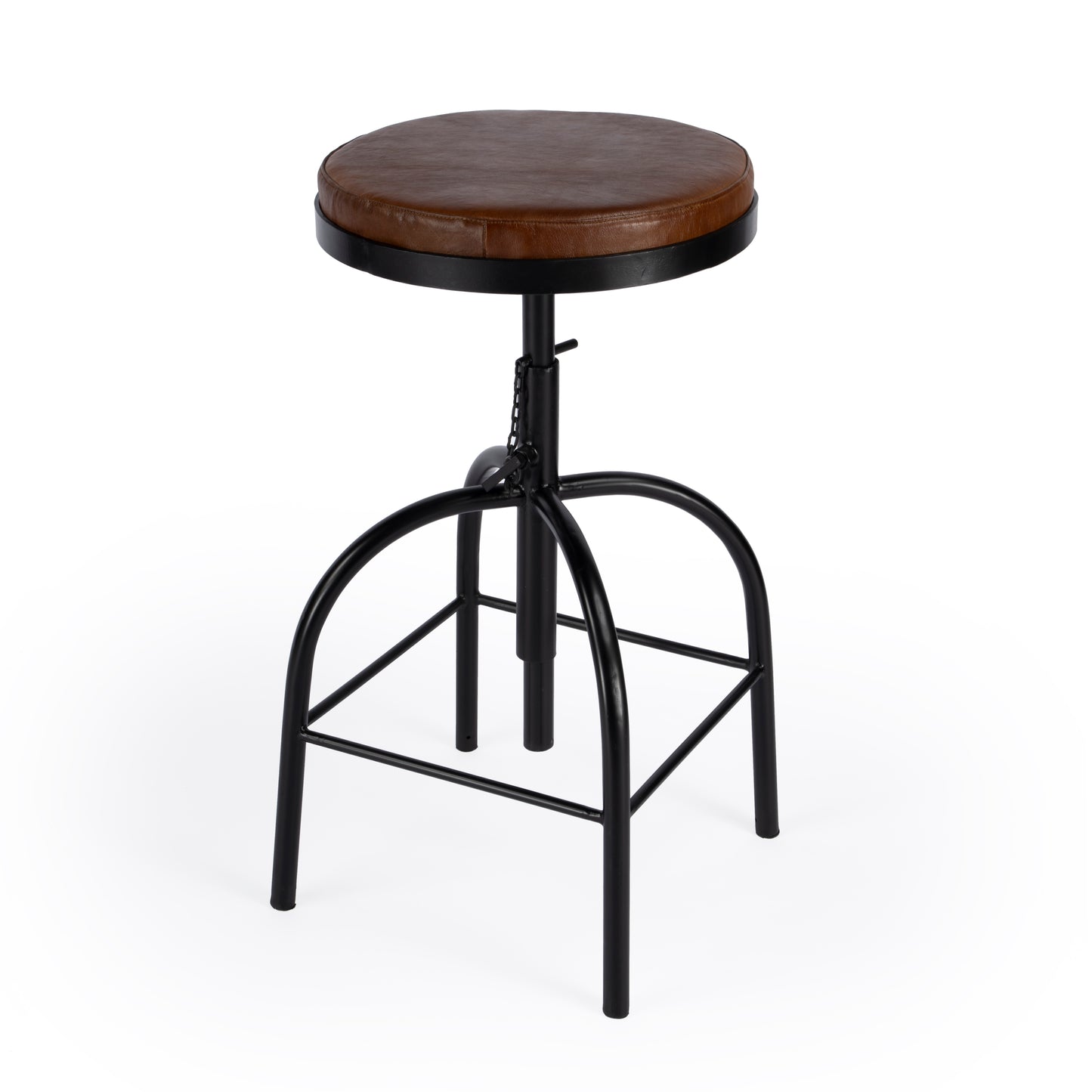 Butler Specialty Company Clyde 25 in. - 34.5 in. Adjustable Height Leather and Metal Backless Bar Stool, Medium Brown