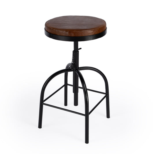 Butler Specialty Company Clyde 25 in. - 34.5 in. Adjustable Height Leather and Metal Backless Bar Stool, Medium Brown