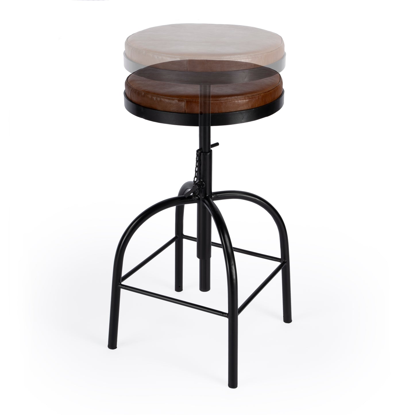 Butler Specialty Company Clyde 25 in. - 34.5 in. Adjustable Height Leather and Metal Backless Bar Stool, Medium Brown