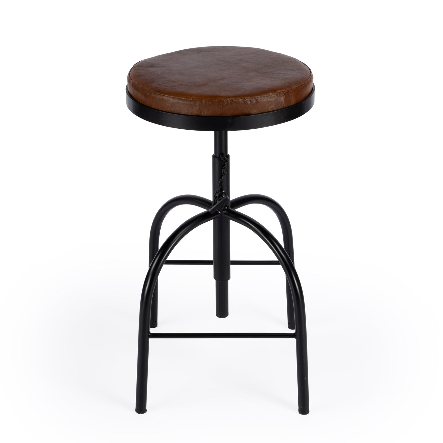 Butler Specialty Company Clyde 25 in. - 34.5 in. Adjustable Height Leather and Metal Backless Bar Stool, Medium Brown