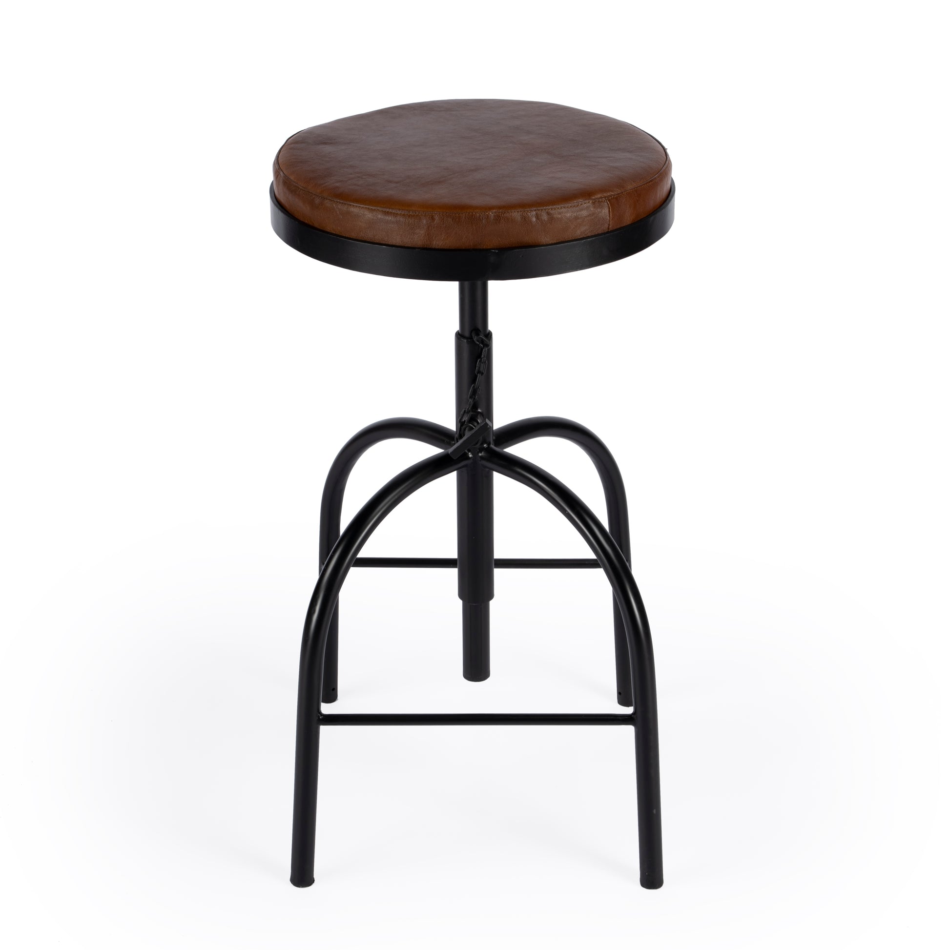 Butler Specialty Company Clyde 25 in. - 34.5 in. Adjustable Height Leather and Metal Backless Bar Stool, Medium Brown
