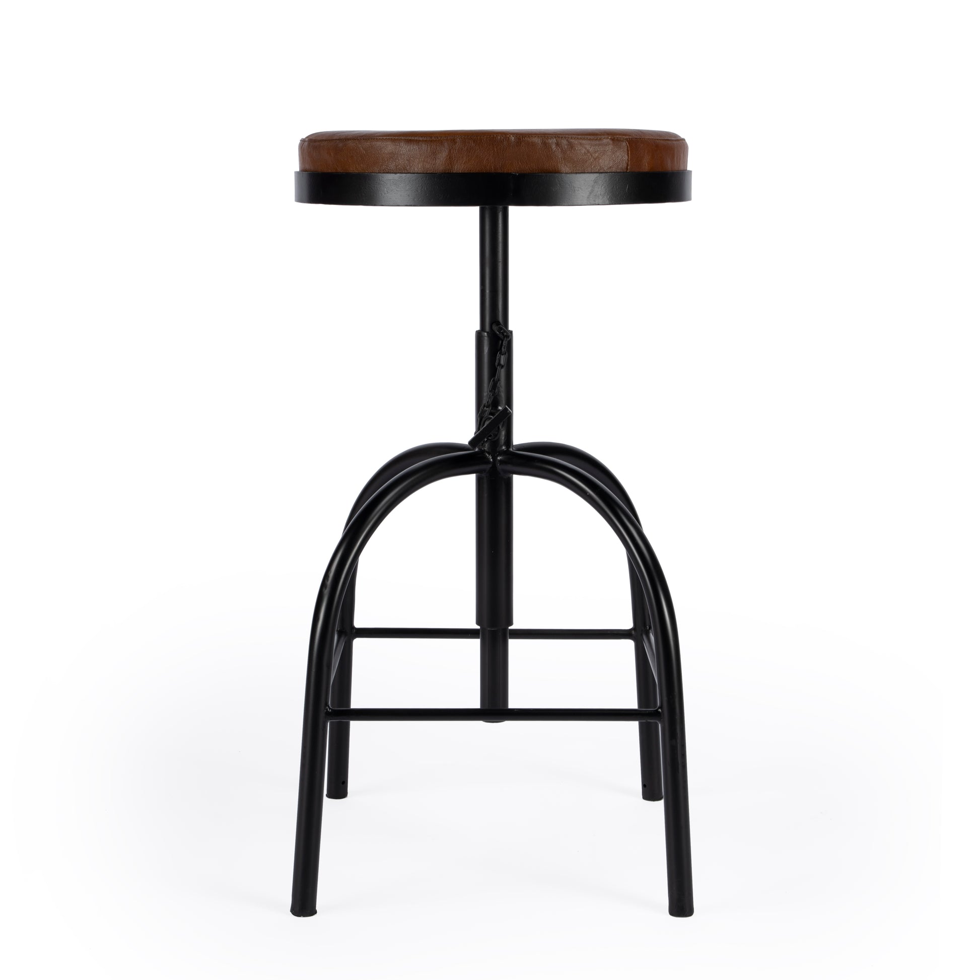 Butler Specialty Company Clyde 25 in. - 34.5 in. Adjustable Height Leather and Metal Backless Bar Stool, Medium Brown