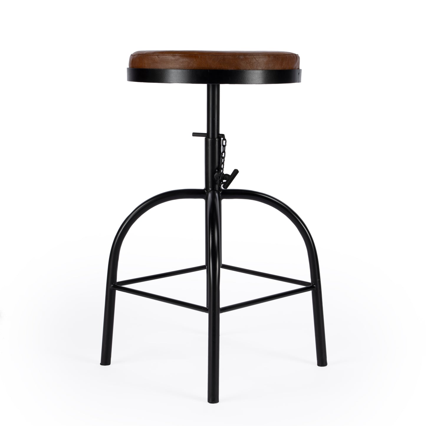 Butler Specialty Company Clyde 25 in. - 34.5 in. Adjustable Height Leather and Metal Backless Bar Stool, Medium Brown