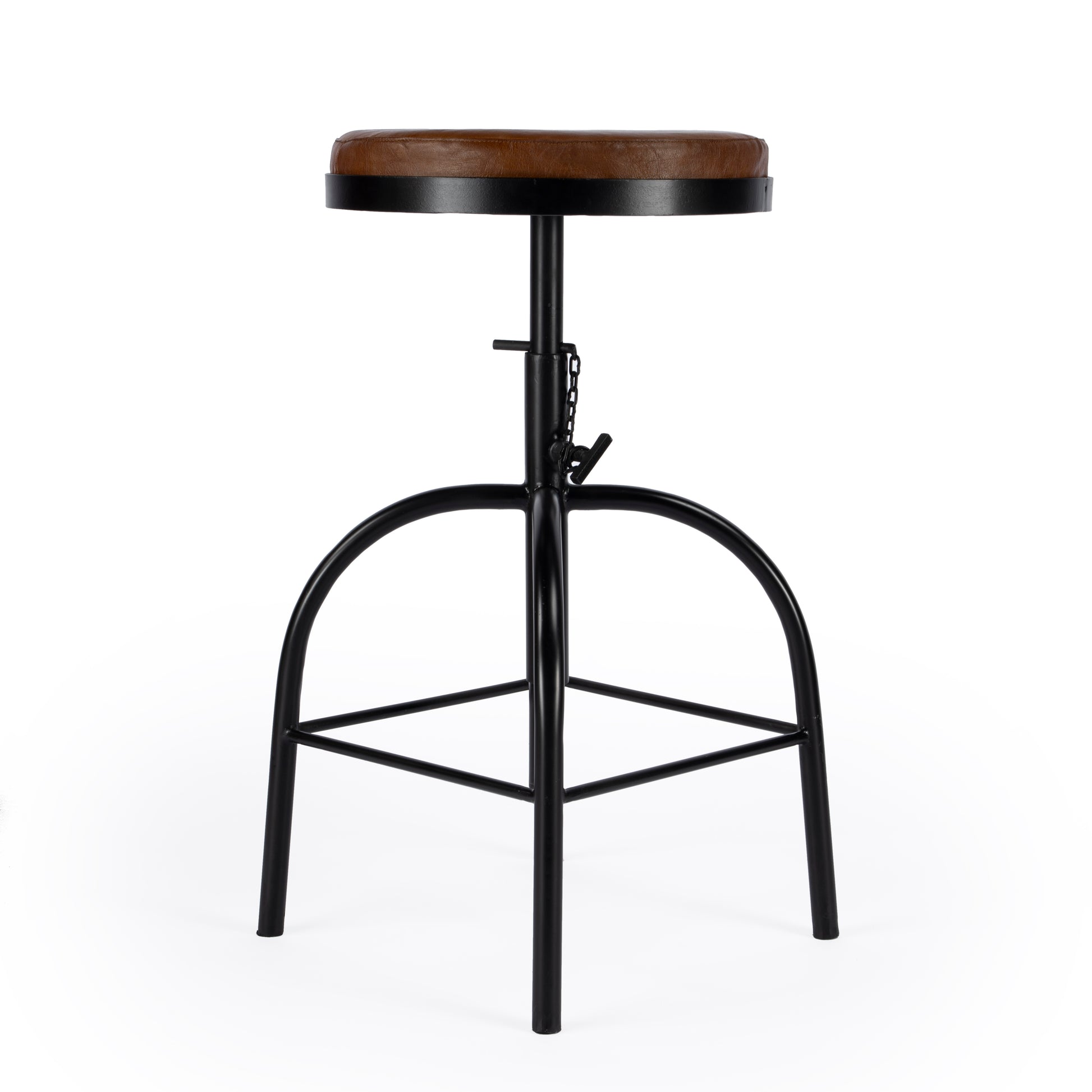 Butler Specialty Company Clyde 25 in. - 34.5 in. Adjustable Height Leather and Metal Backless Bar Stool, Medium Brown