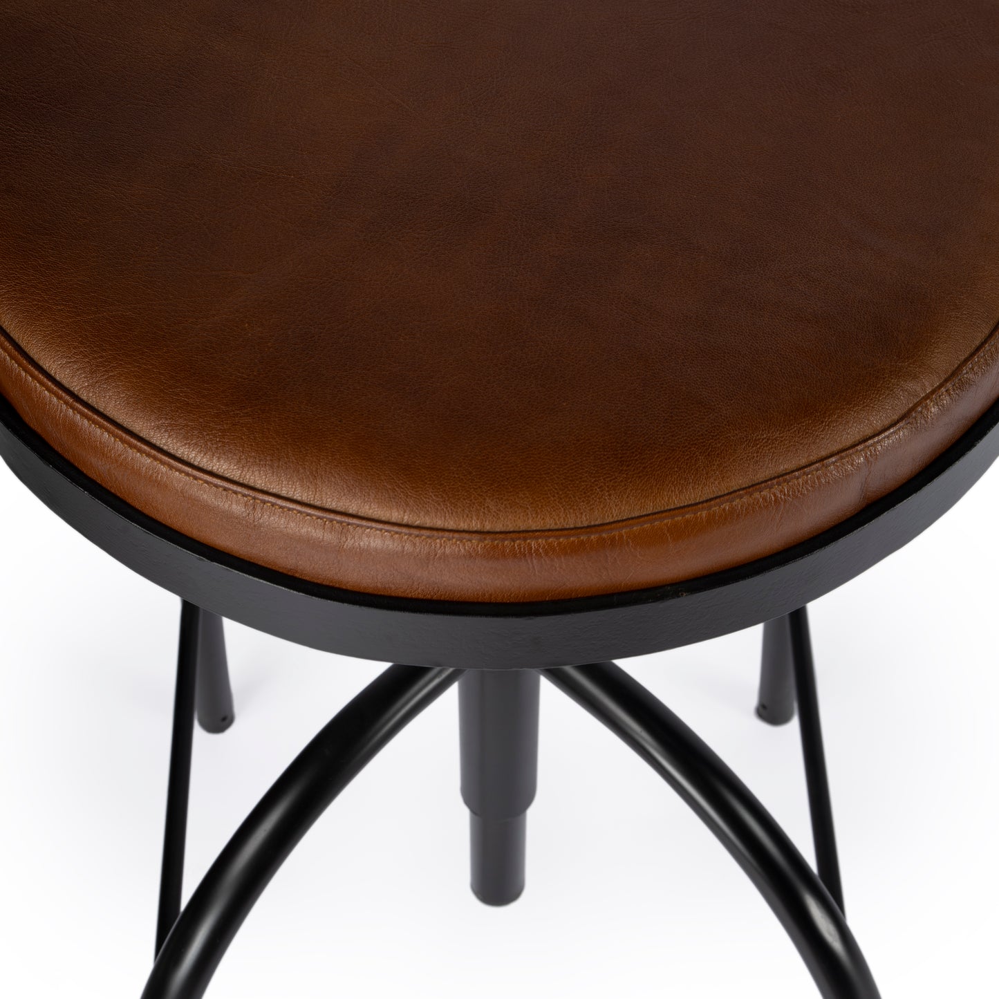 Butler Specialty Company Clyde 25 in. - 34.5 in. Adjustable Height Leather and Metal Backless Bar Stool, Medium Brown