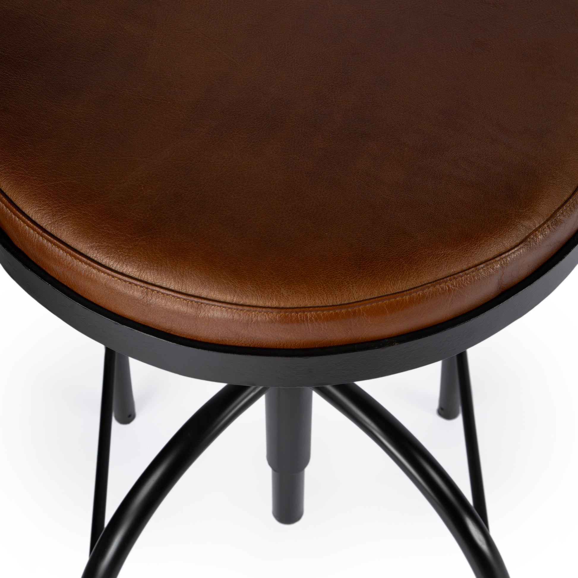 Butler Specialty Company Clyde 25 in. - 34.5 in. Adjustable Height Leather and Metal Backless Bar Stool, Medium Brown
