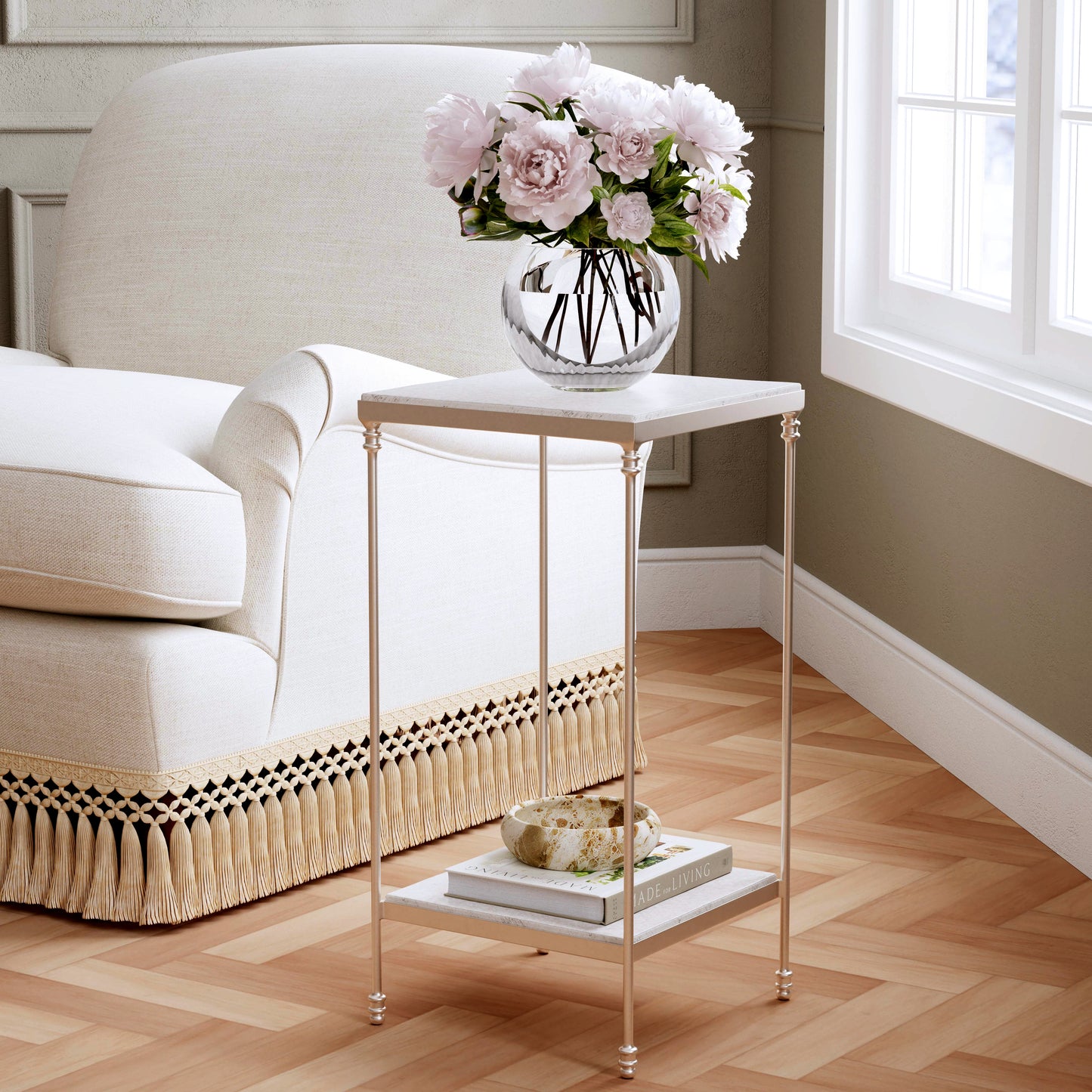 Butler Specialty Company Imogen 12 in. W Square Iron and Marble Side Table with Lower Open Shelf, White