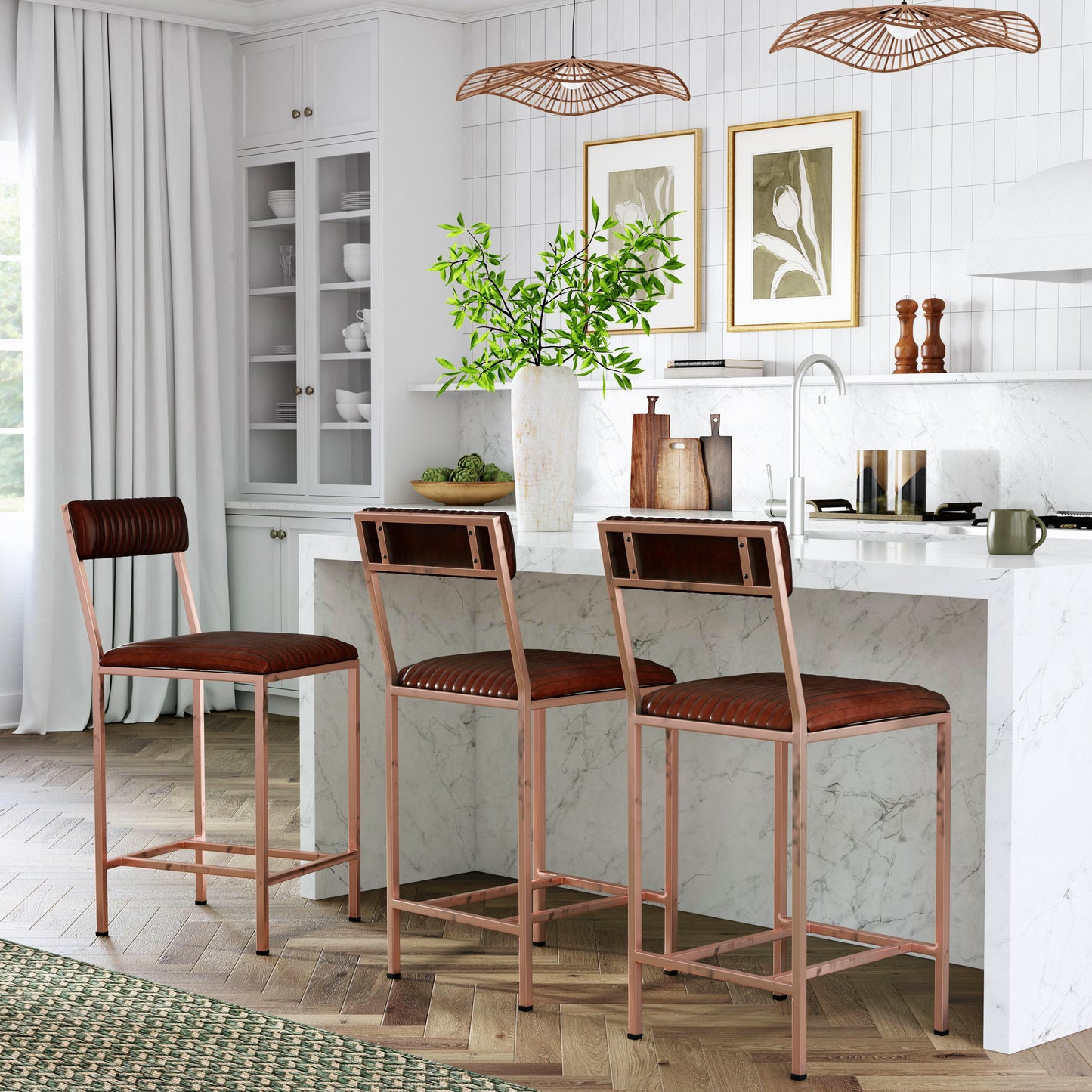 Butler Specialty Company Houston 24 in. Seat Height Leather and Metal Counter Stool, Medium Brown