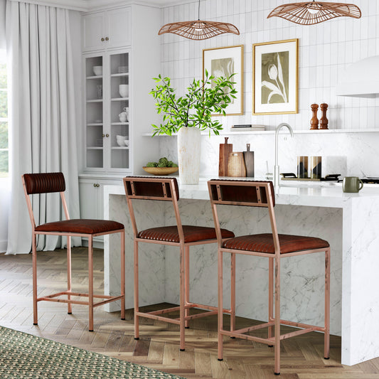 Butler Specialty Company Houston 24 in. Seat Height Leather and Metal Counter Stool, Medium Brown