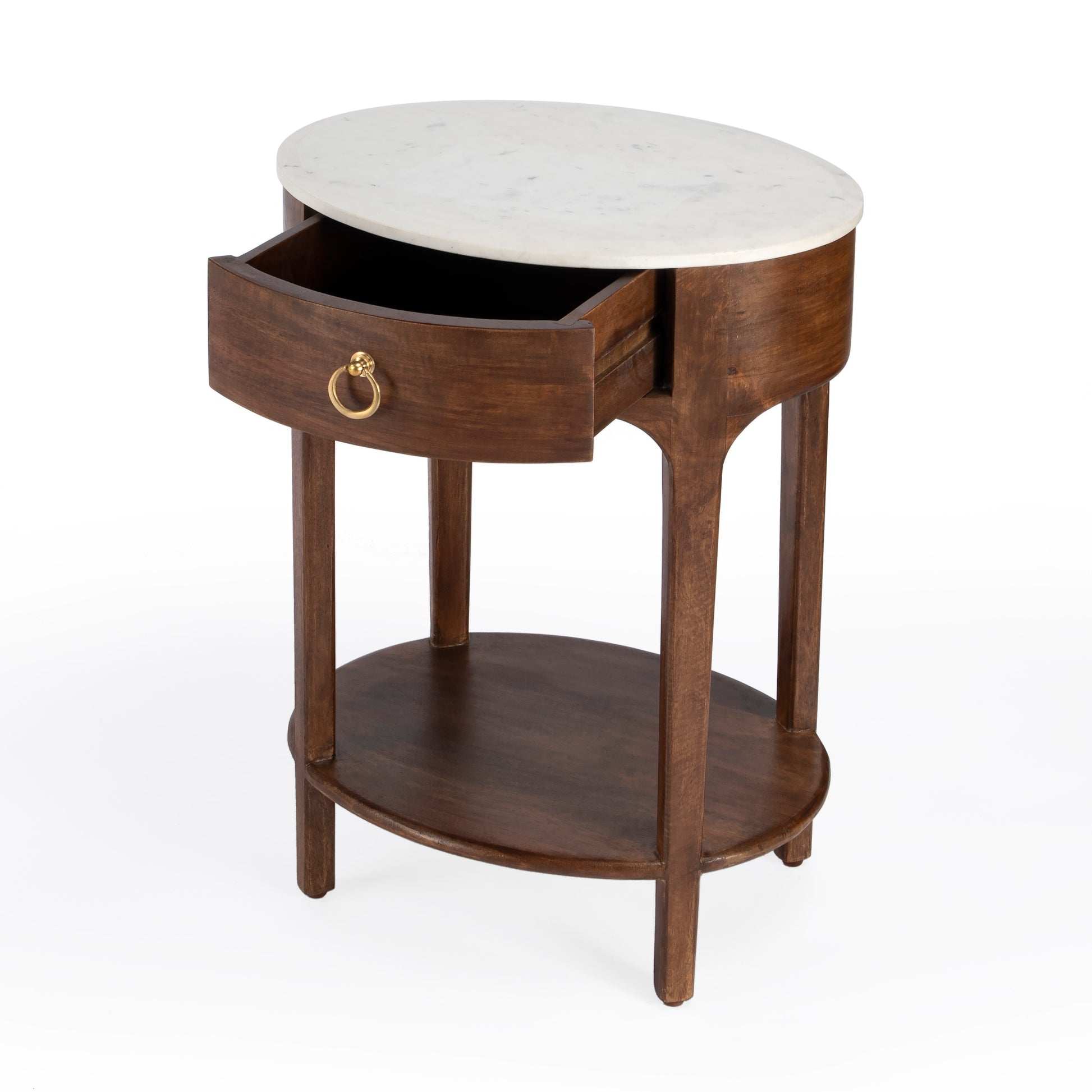 Butler Specialty Company Ellen 18.25 in. W Oval Marble and Wood 1 Drawer Nightstand, Medium Brown