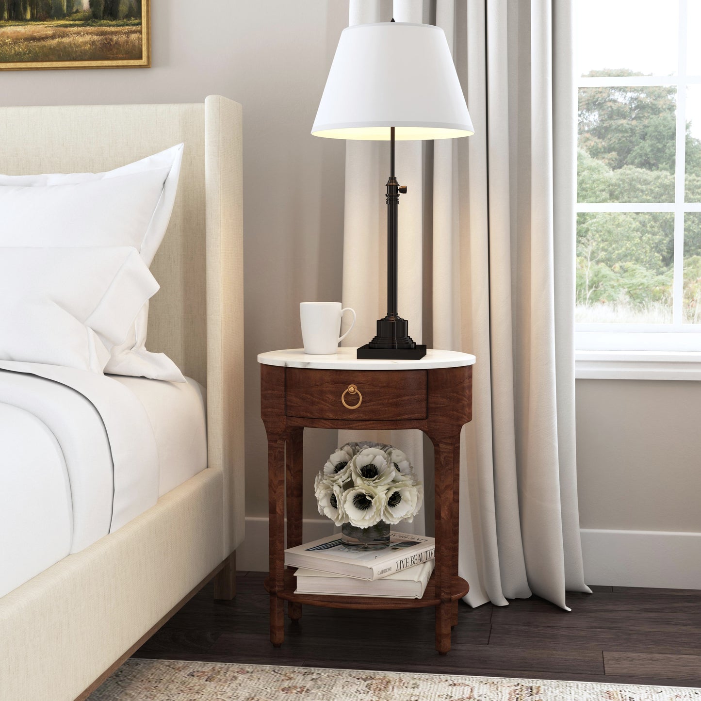 Butler Specialty Company Ellen 18.25 in. W Oval Marble and Wood 1 Drawer Nightstand, Medium Brown