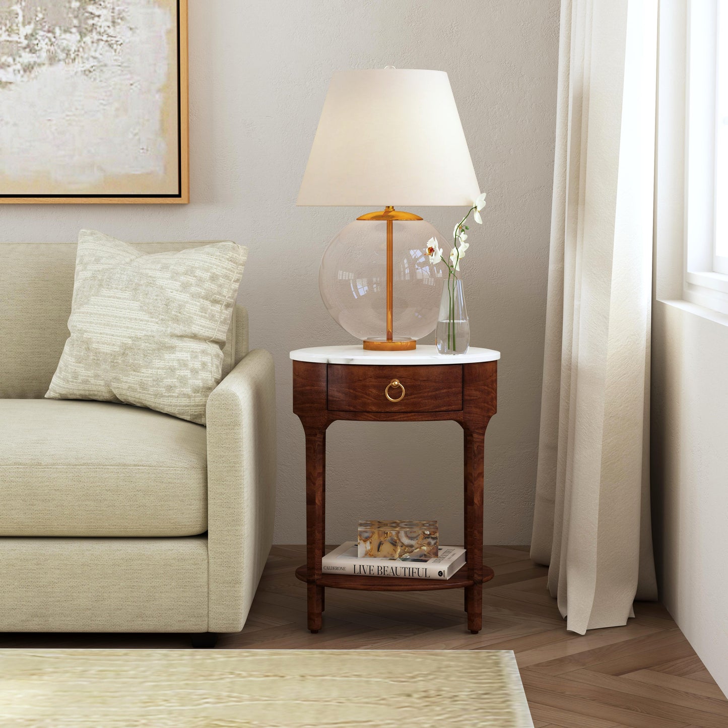 Butler Specialty Company Ellen 18.25 in. W Oval Marble and Wood 1 Drawer Nightstand, Medium Brown