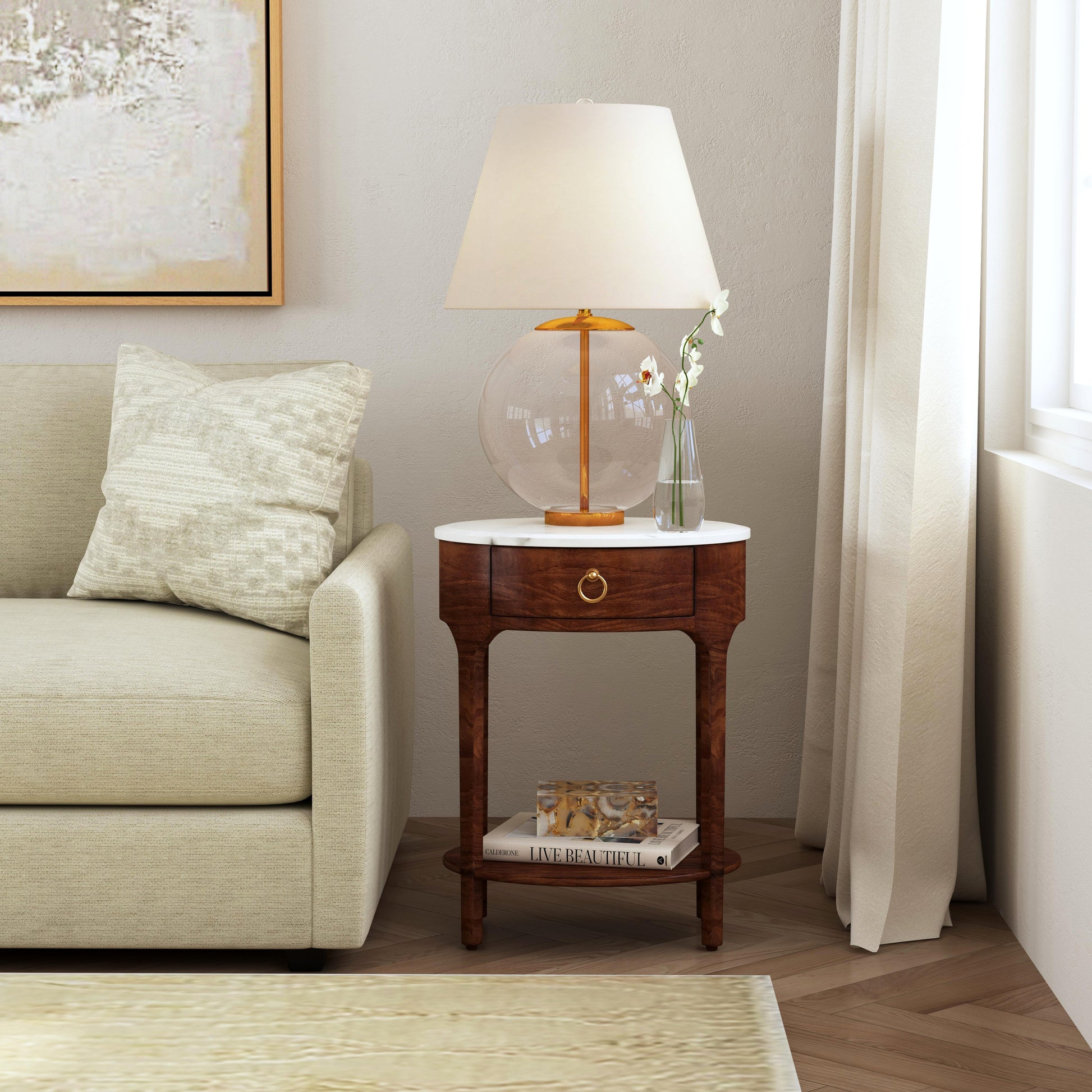 Butler Specialty Company Ellen 18.25 in. W Oval Marble and Wood 1 Drawer Nightstand, Medium Brown