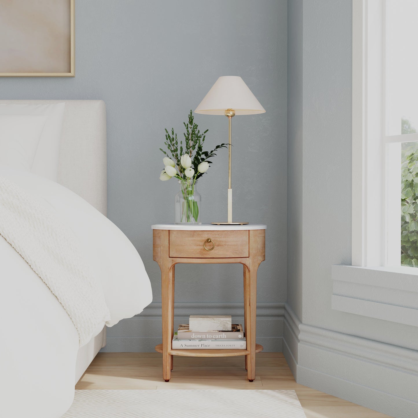 Butler Specialty Company Ellen 18.25 in. W Oval Marble and Wood 1 Drawer Nightstand, Natural